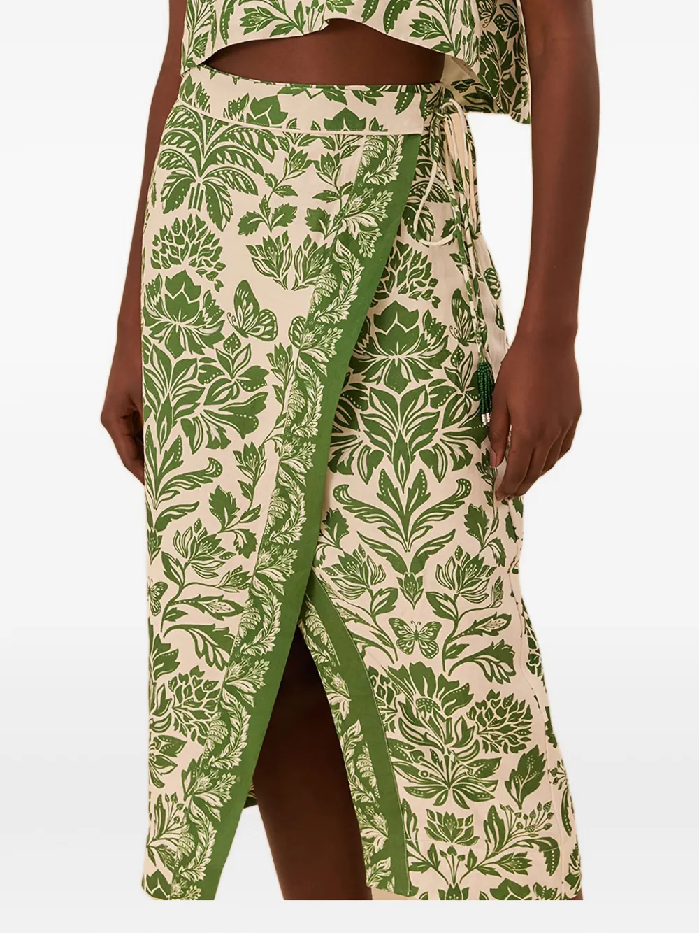 Farm Rio Delicate Tapestry Linen-blend Midi Skirt In Green