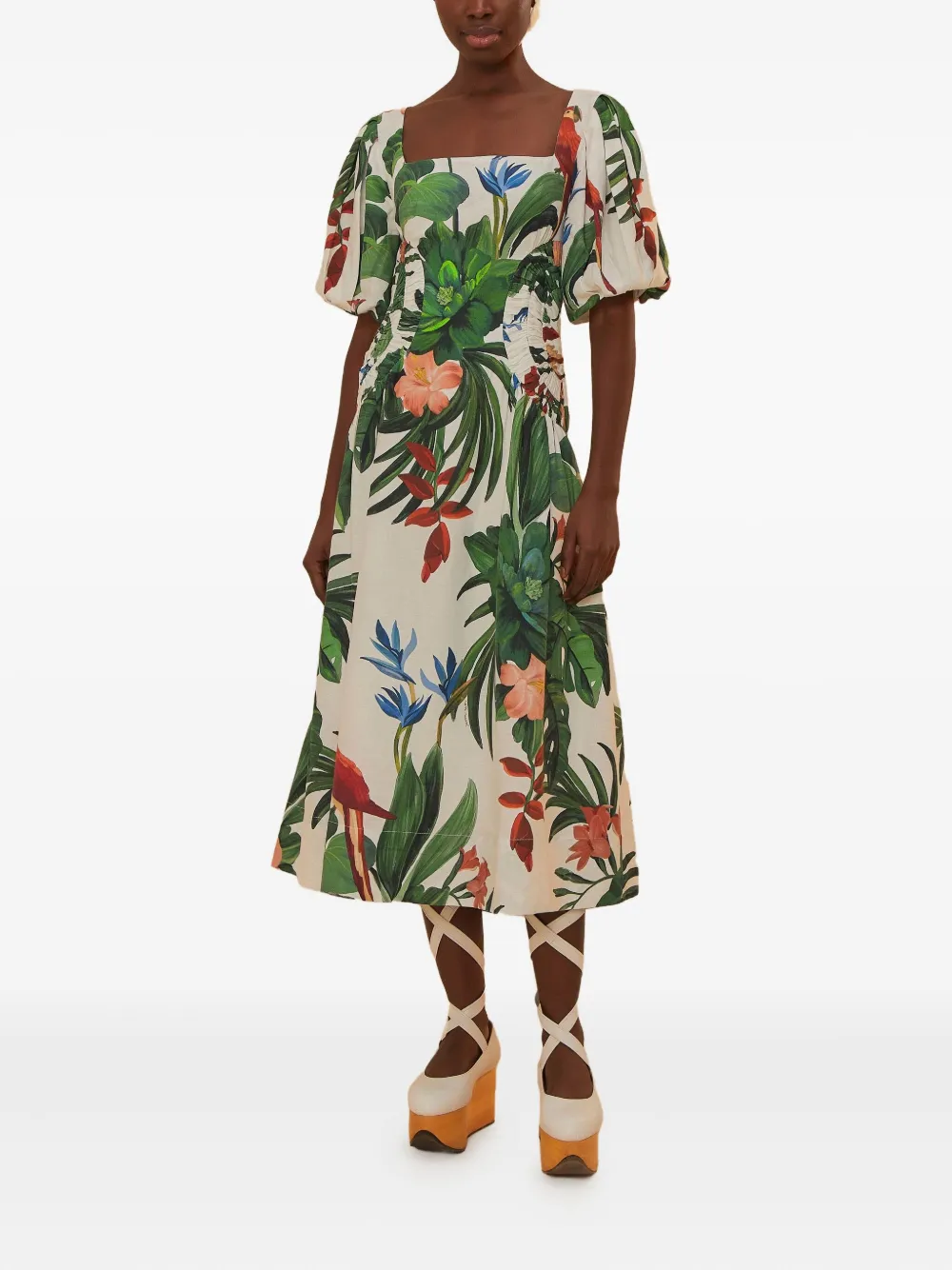 FARM Rio Midi-jurk met bloemenprint Beige