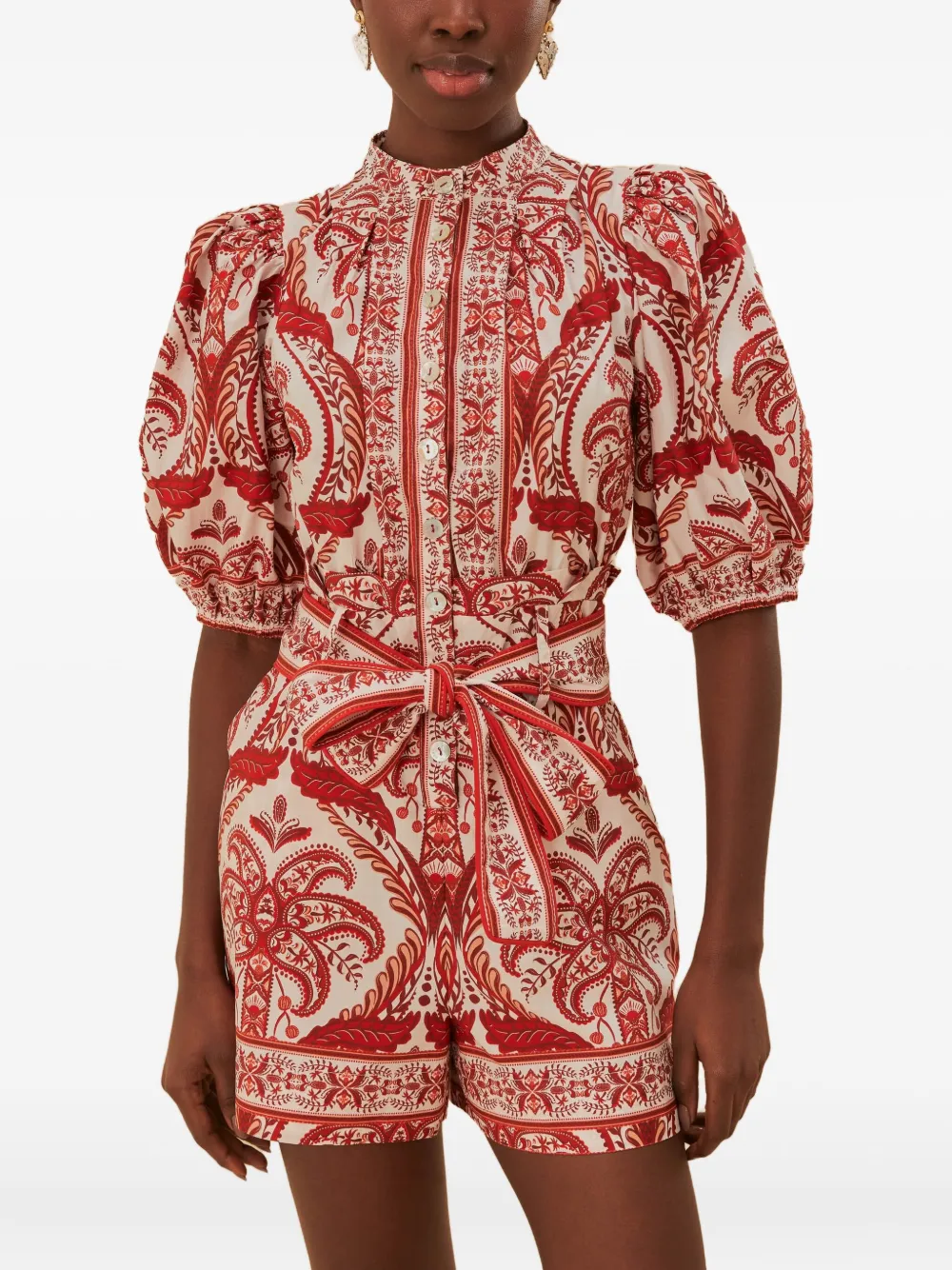 puff-sleeve paisley-print playsuit