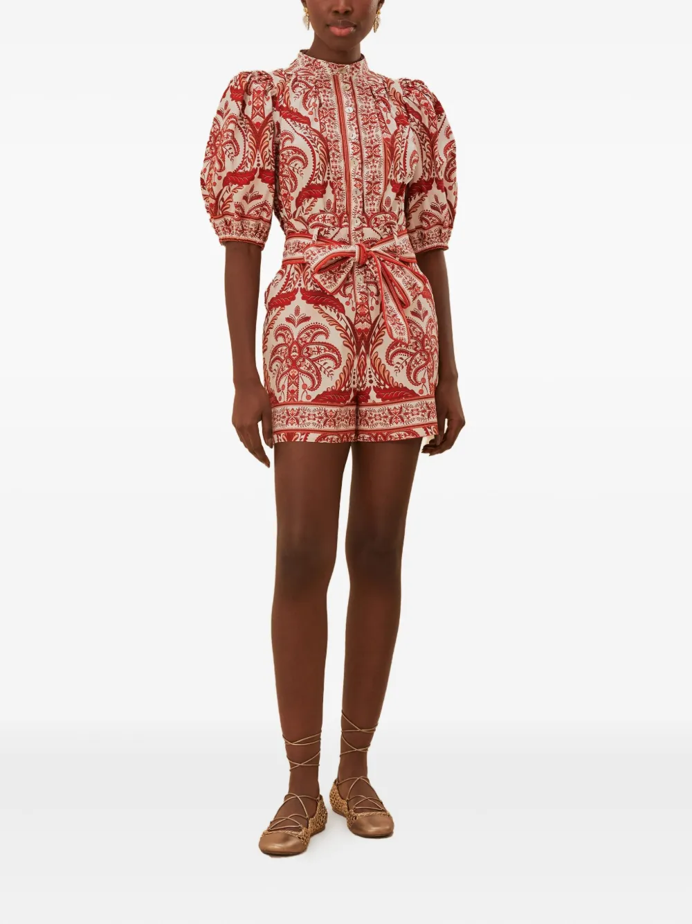 FARM Rio puff-sleeve paisley-print playsuit - Beige
