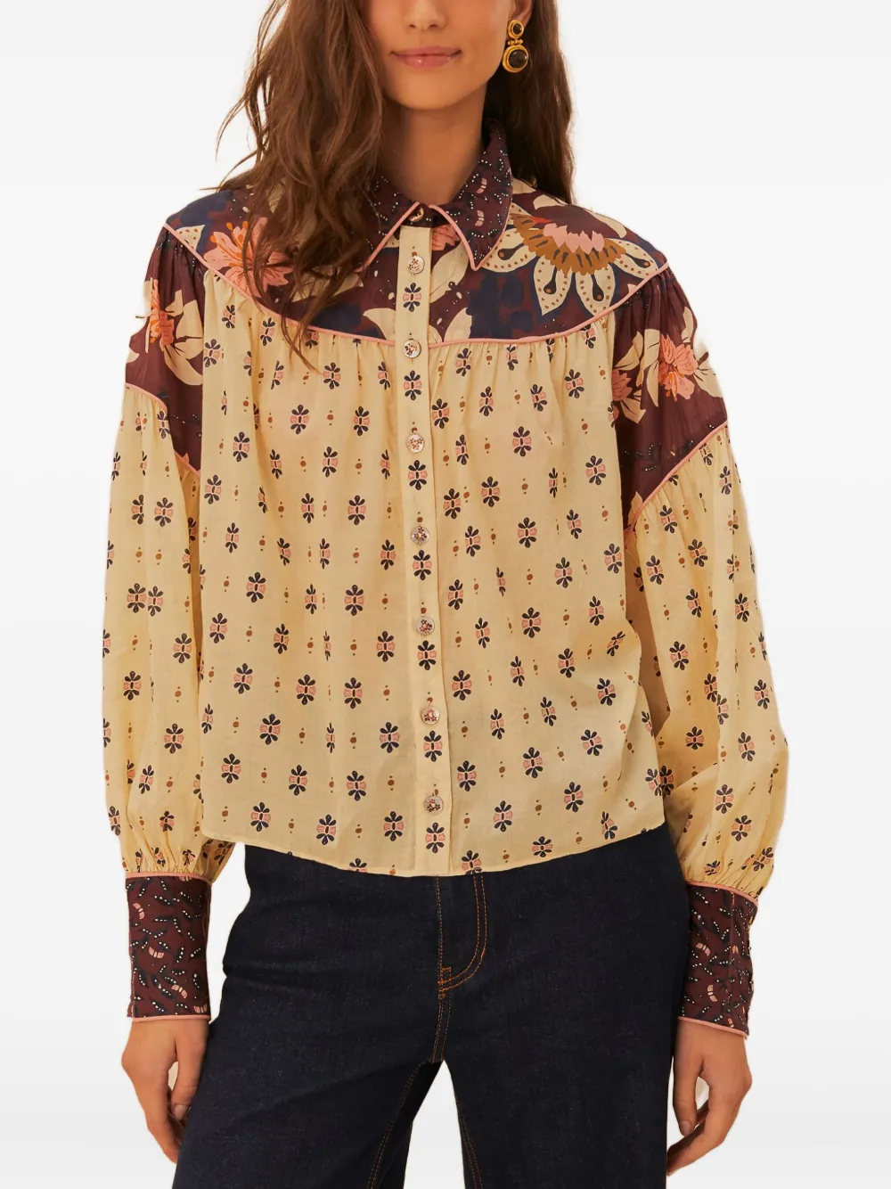 Farm Rio Floral-panelled Button-down Blouse In Brown