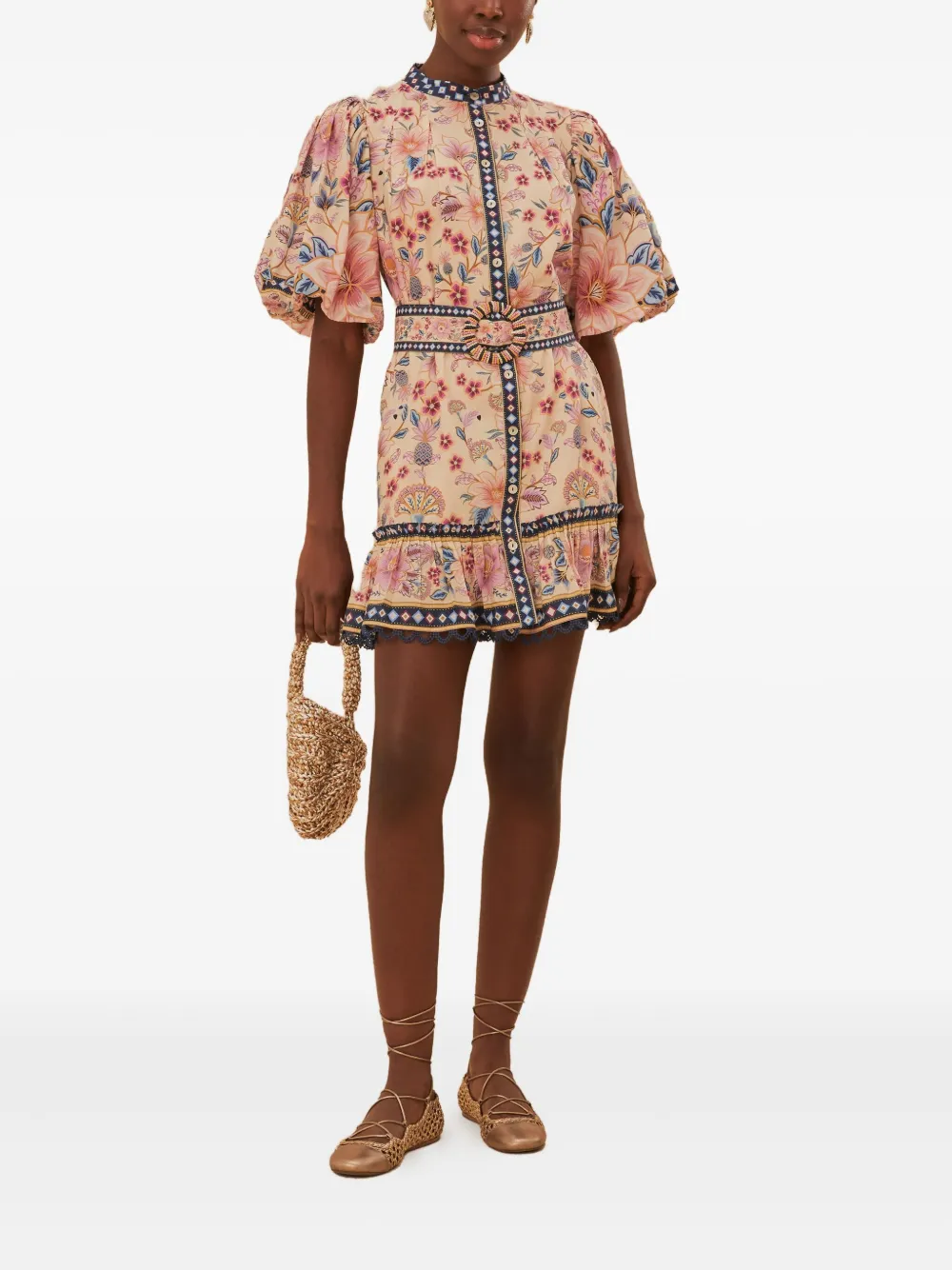 Farm Rio Cream Superbloom Tapestry Puff Sleeve Mini Dress In Neutral