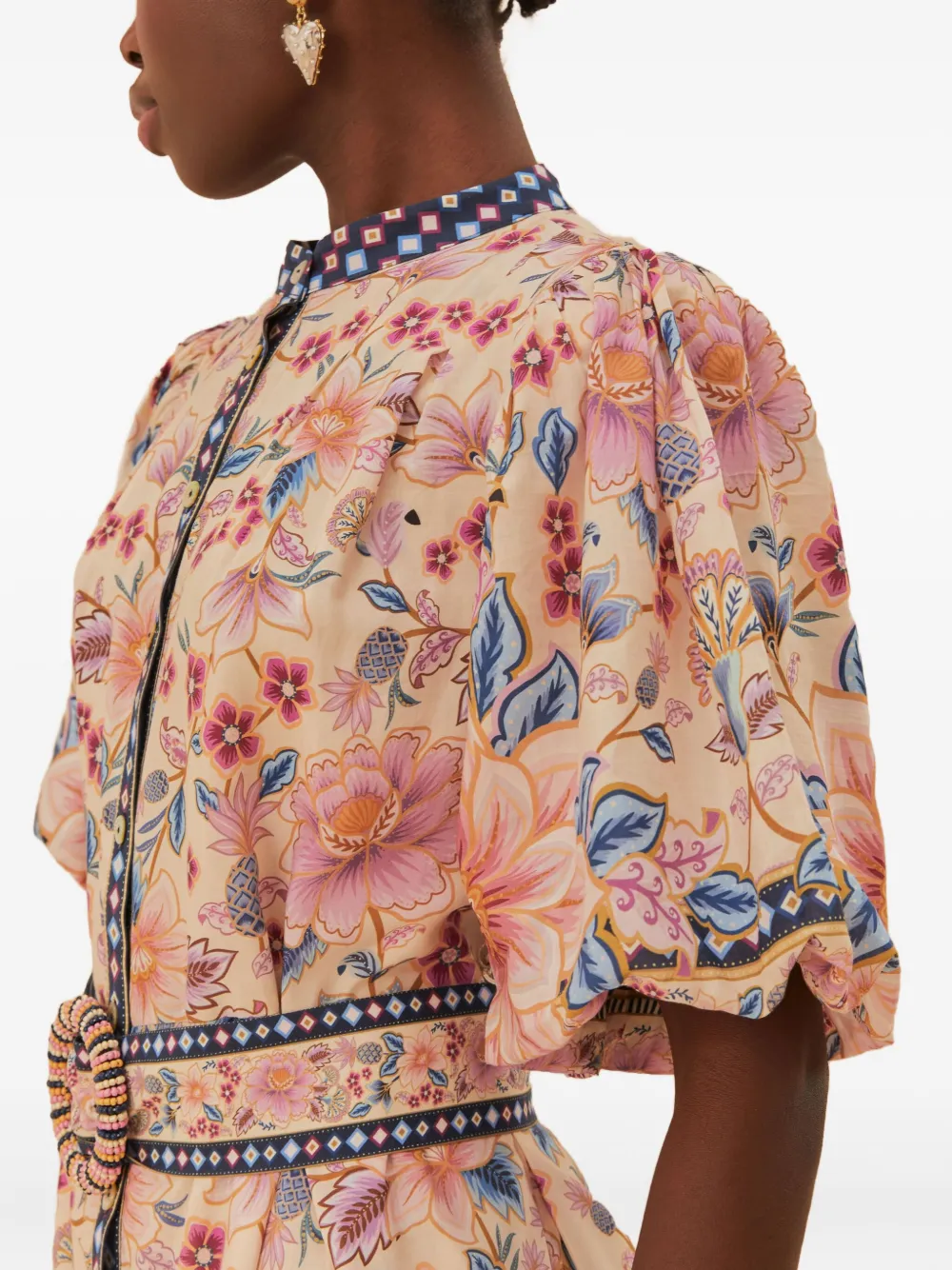 FARM Rio Mini-jurk met pofmouwen en bloemenprint Beige