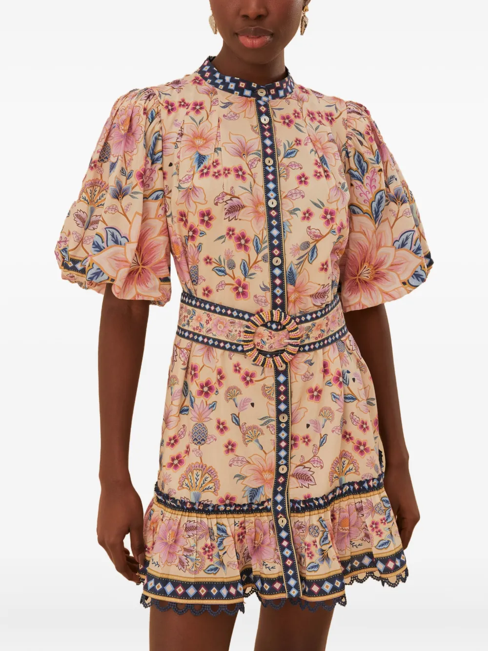 FARM Rio Mini-jurk met pofmouwen en bloemenprint Beige
