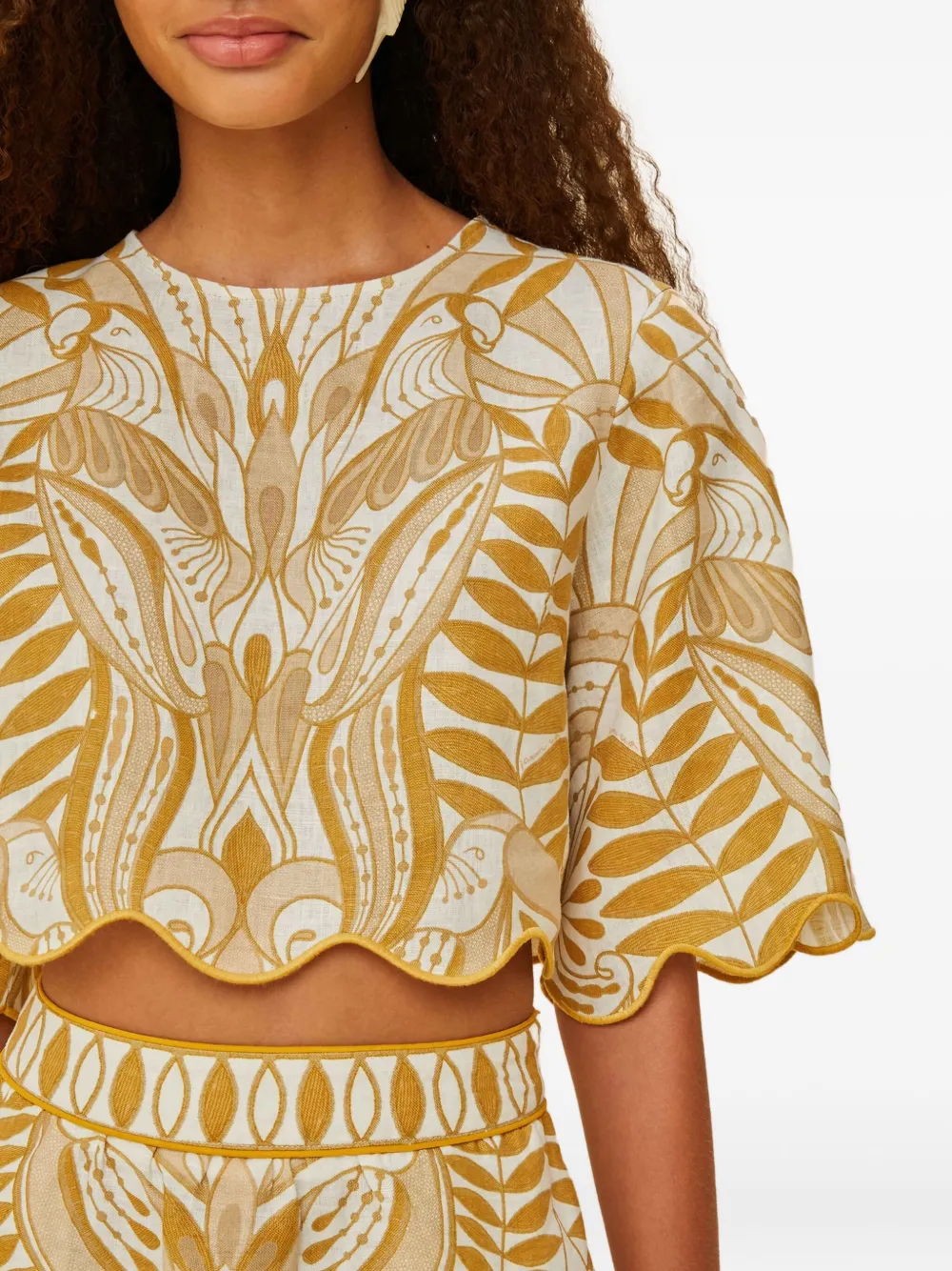 Farm Rio Scalloped-hem Bird-print Blouse In Neutral
