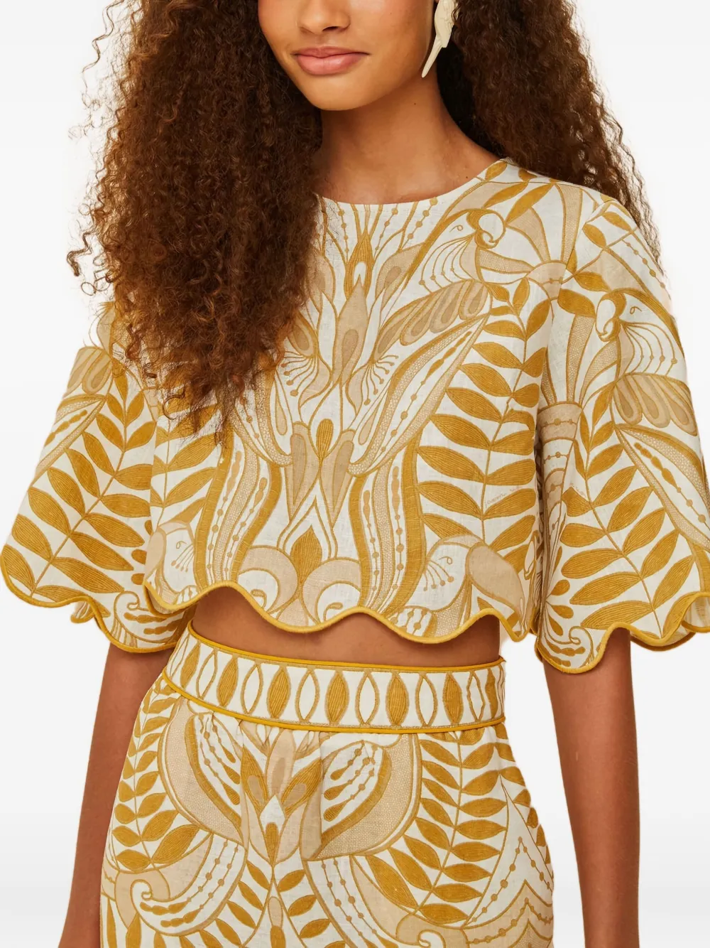 Farm Rio Scalloped-hem Bird-print Blouse In Neutral
