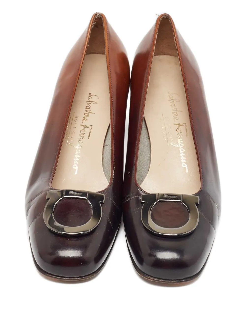 Pre-owned Ferragamo Dual-tone Block-heel Pumps In Brown