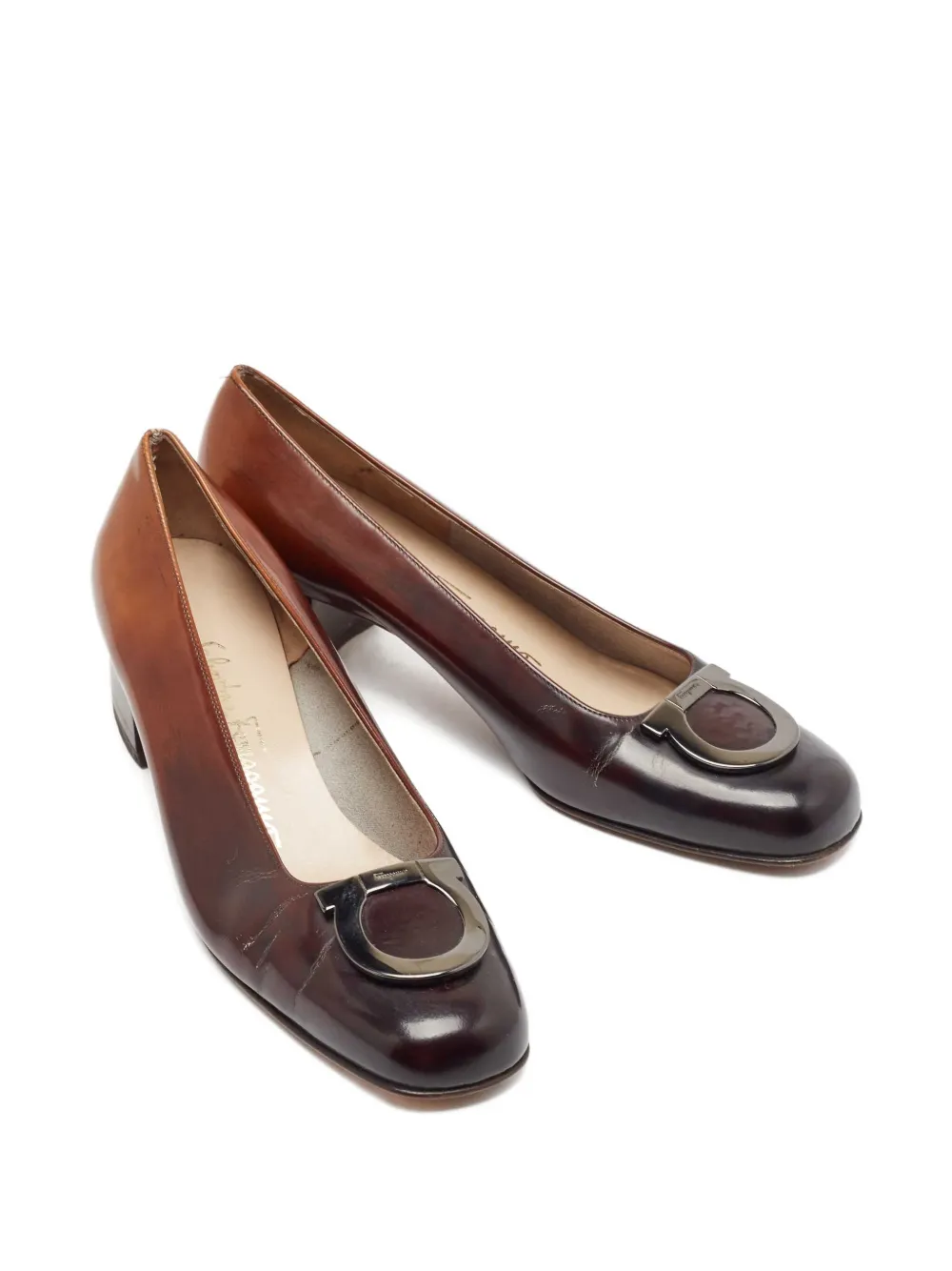 Pre-owned Ferragamo Dual-tone Block-heel Pumps In Brown