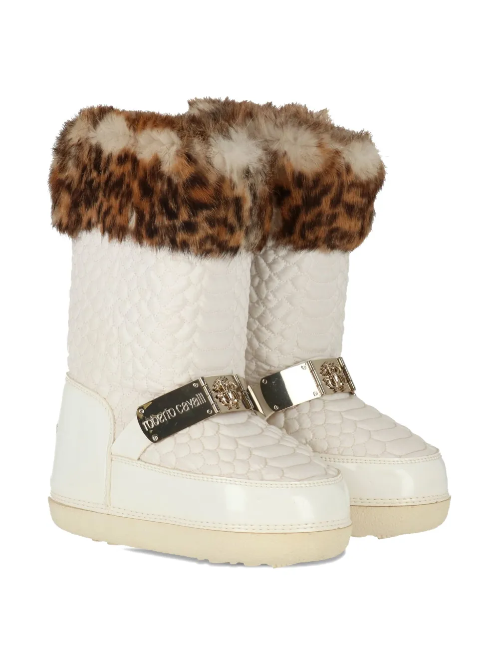 Roberto Cavalli Junior quilted leopard-print trim boots White
