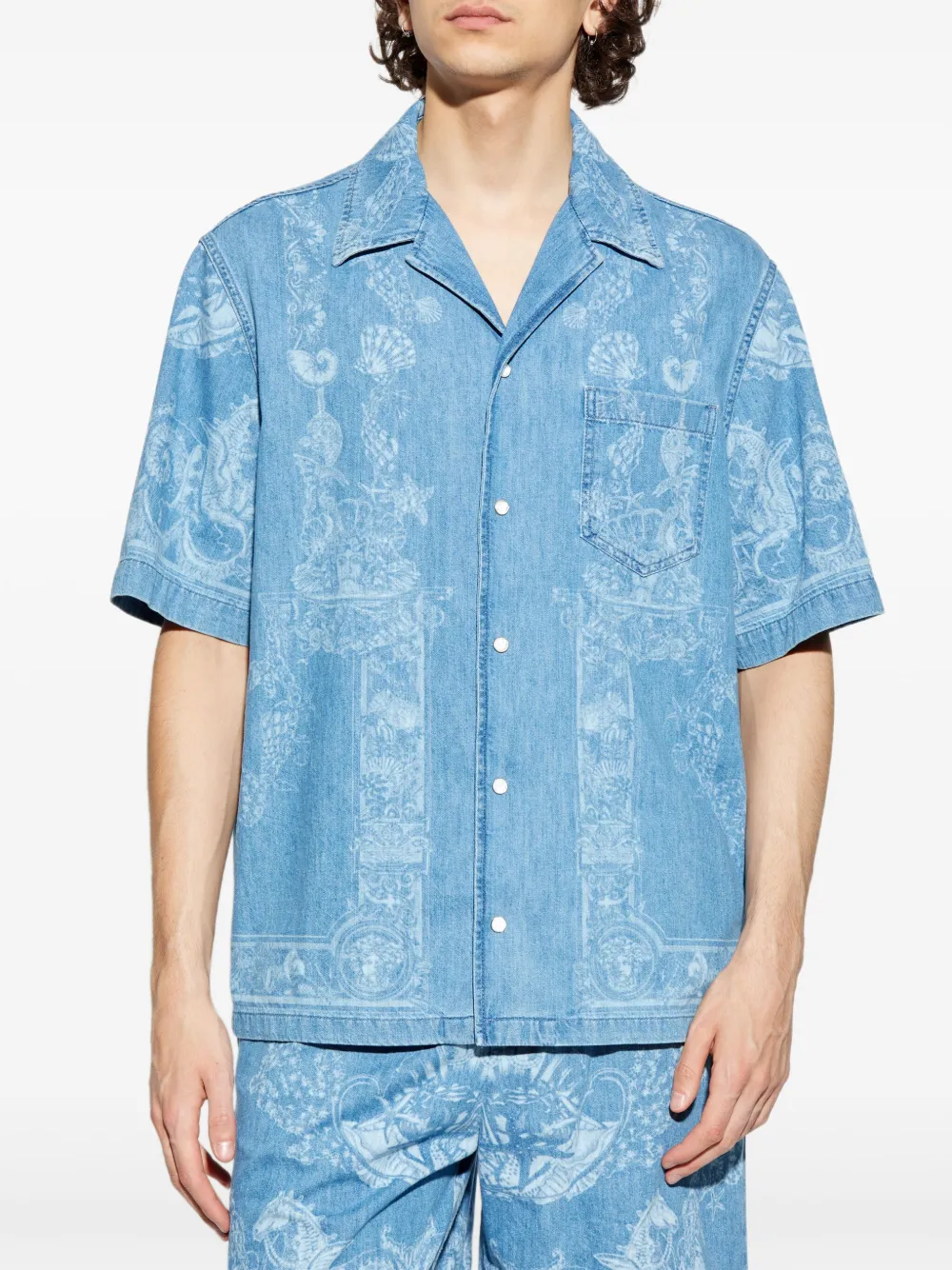 Versace Denim overhemd met print en korte mouwen Blauw