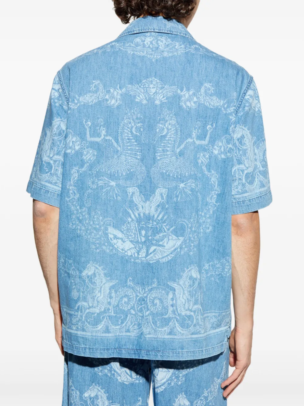 Versace Denim overhemd met print en korte mouwen Blauw