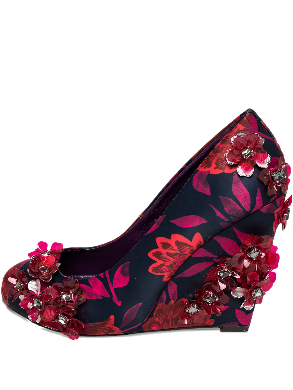 Pre-owned Tory Burch 110mm Elmira Floral-appliqué Wedge Pumps