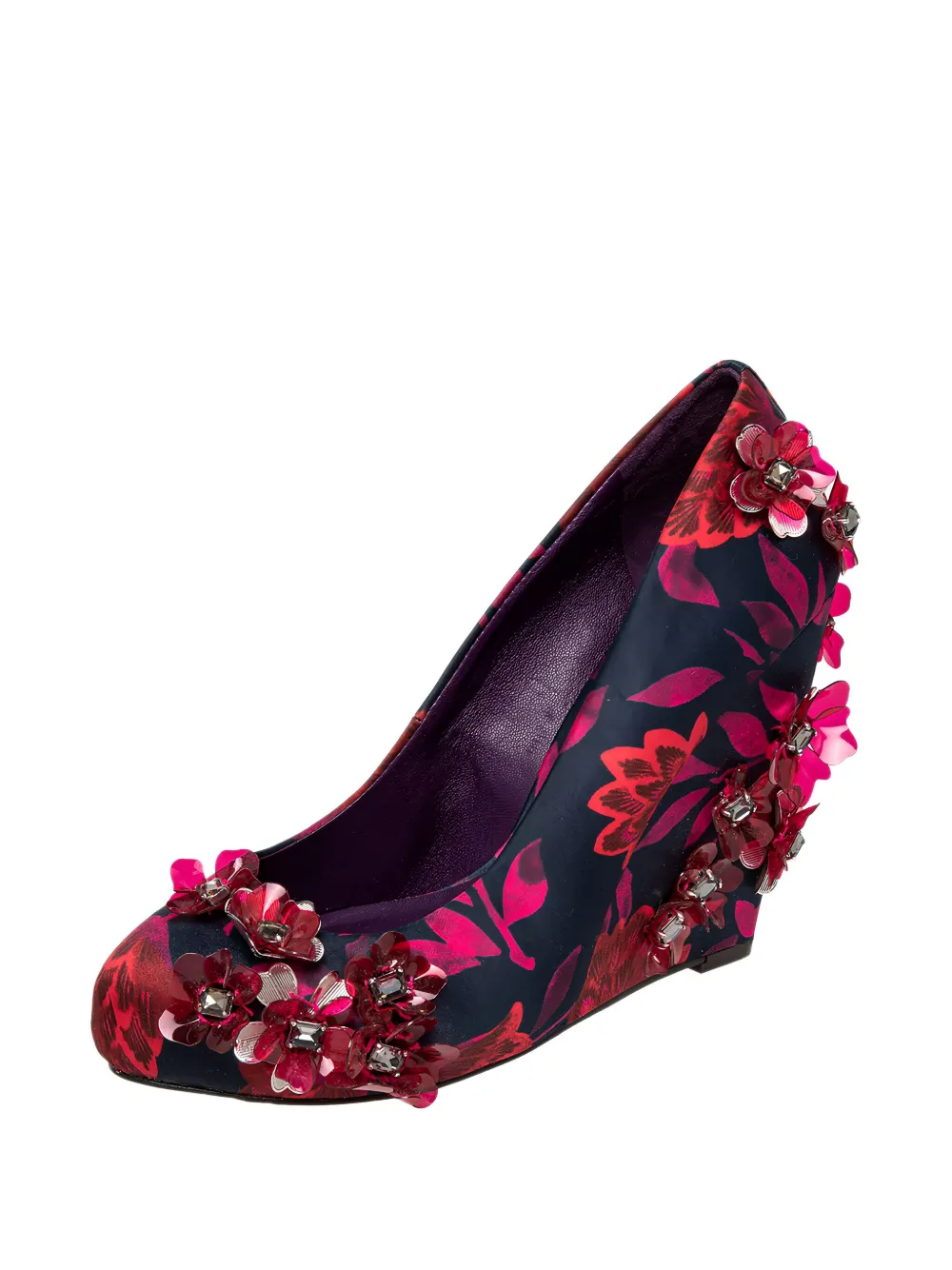 Pre-owned Tory Burch 110mm Elmira Floral-appliqué Wedge Pumps