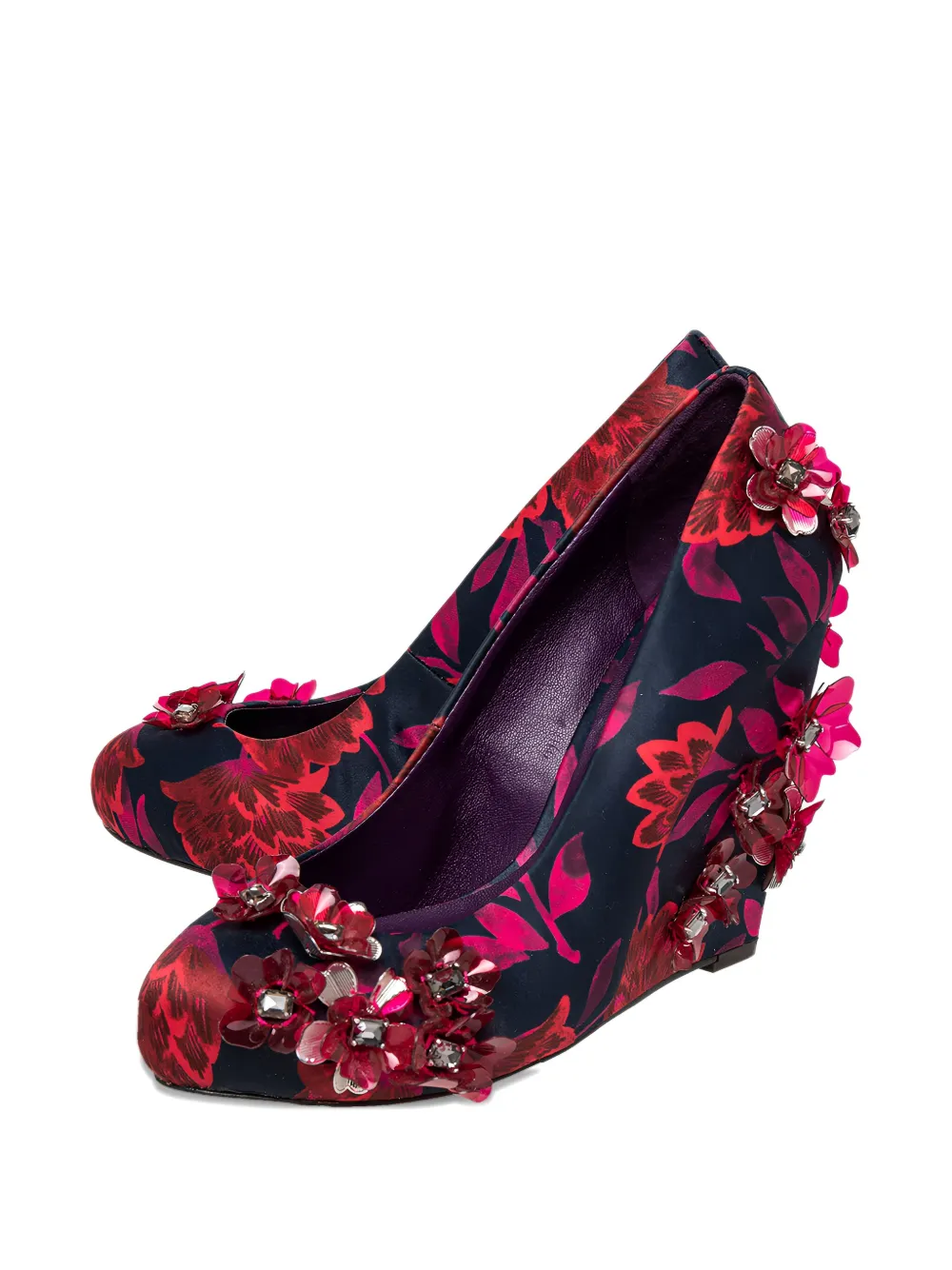 Pre-owned Tory Burch 110mm Elmira Floral-appliqué Wedge Pumps