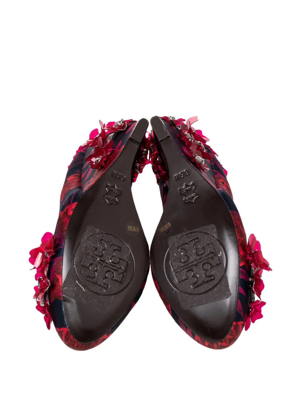 Pre-owned Tory Burch 110mm Elmira Floral-appliqué Wedge Pumps