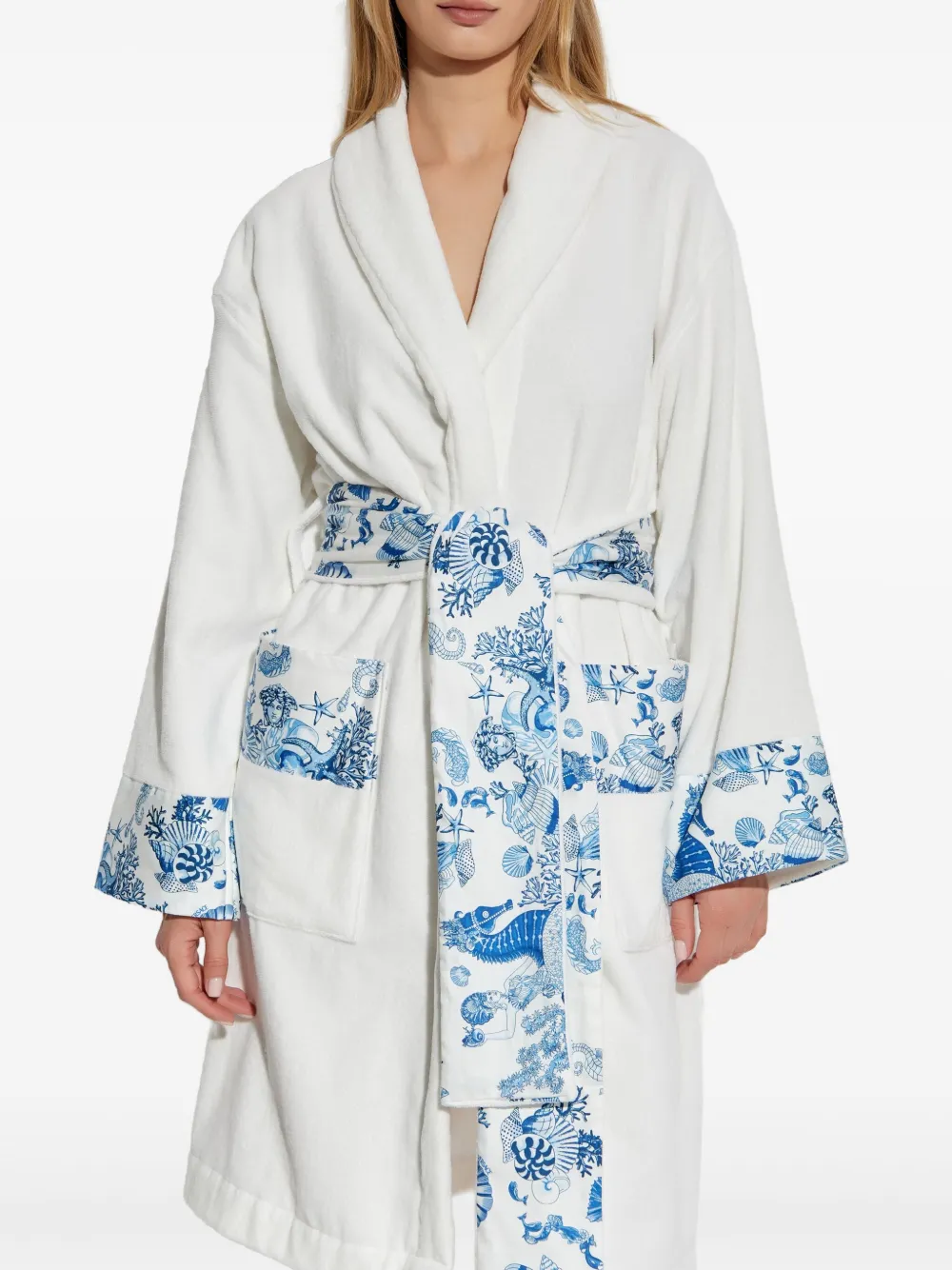  Versace Floral-print Belted Robe - White 
