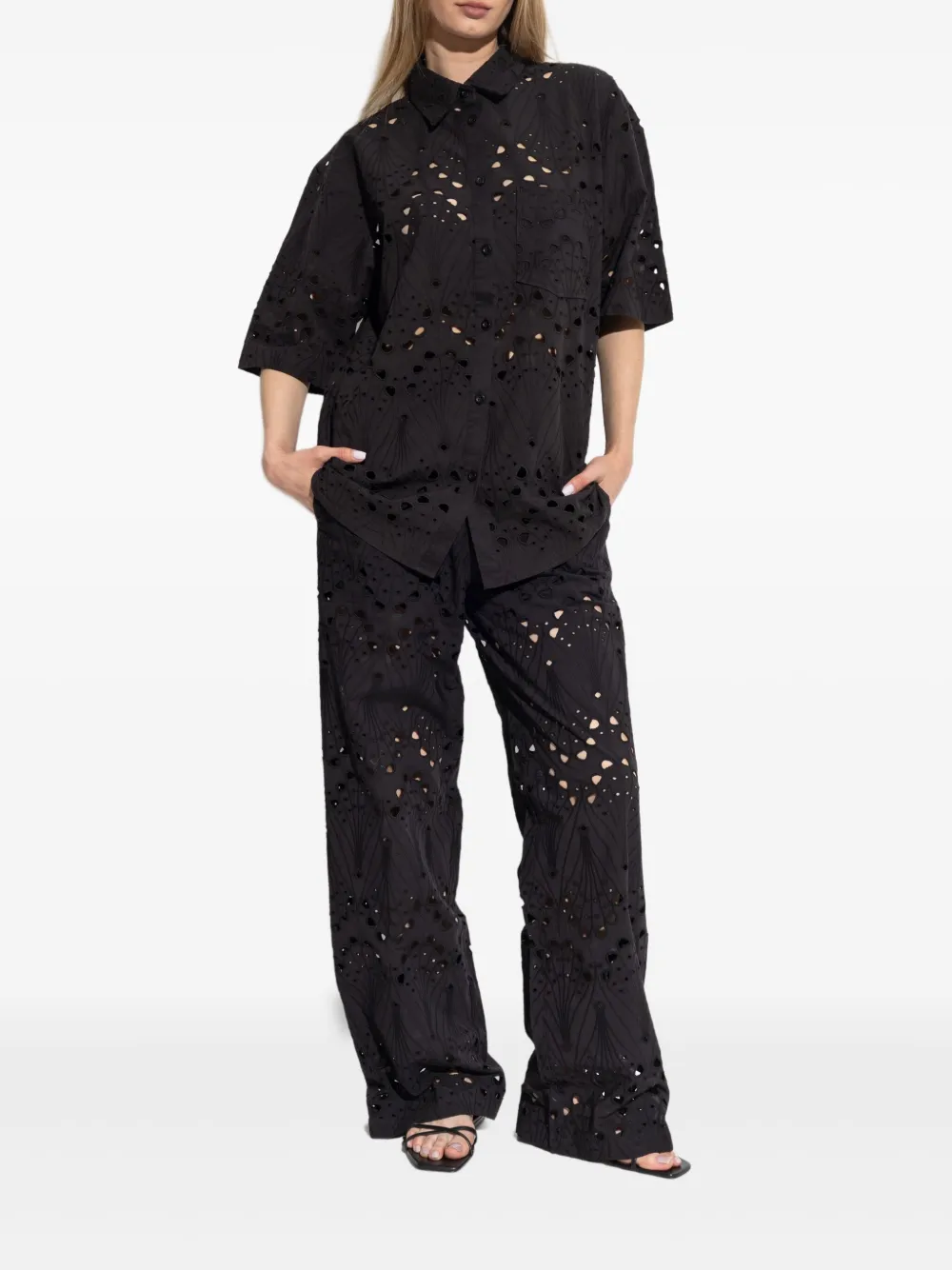 Gestuz embroidered wide-leg trousers - Zwart