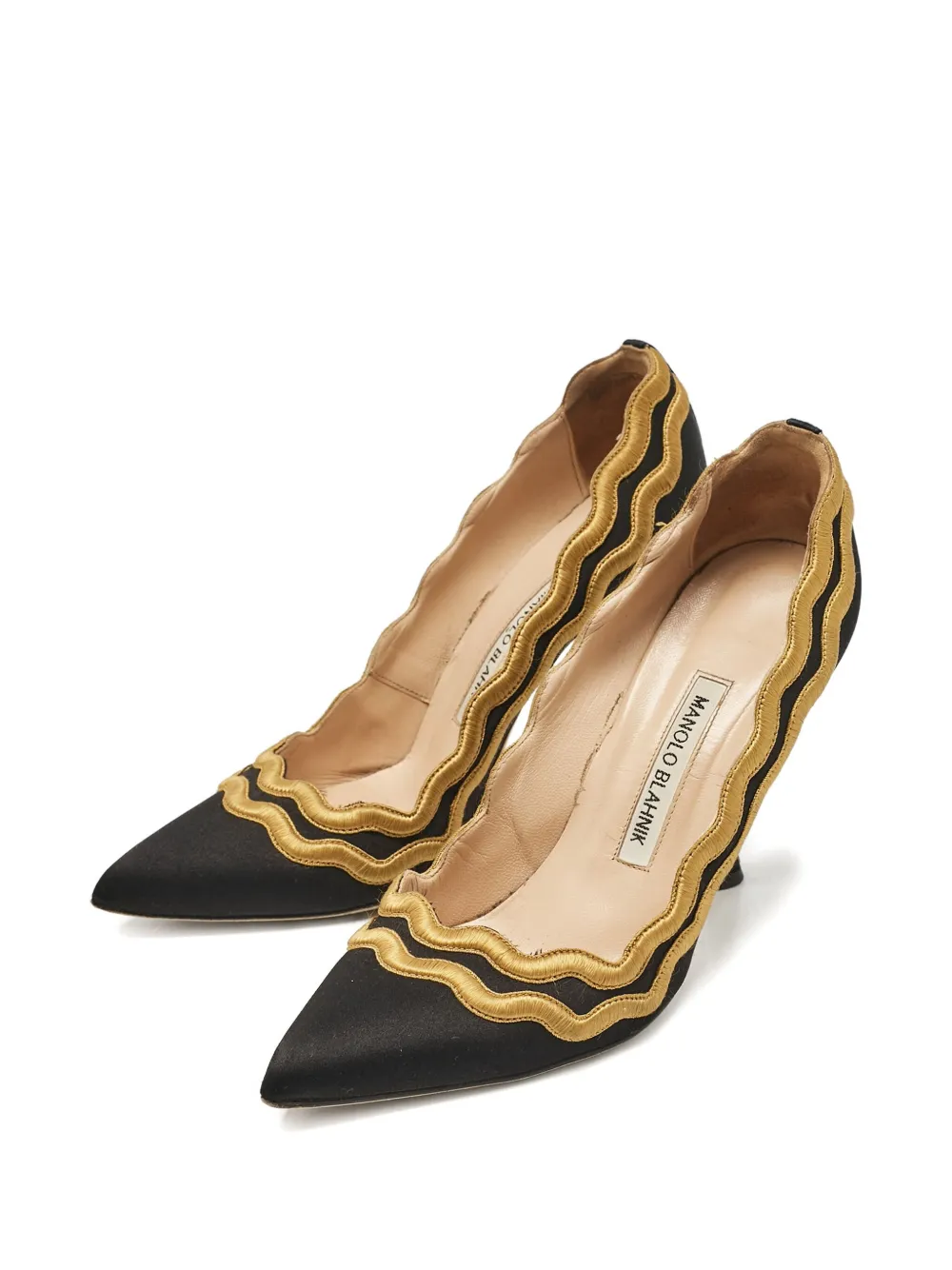 Pre-owned Manolo Blahnik 110mm Satin Wave Embroidered Pumps In Black