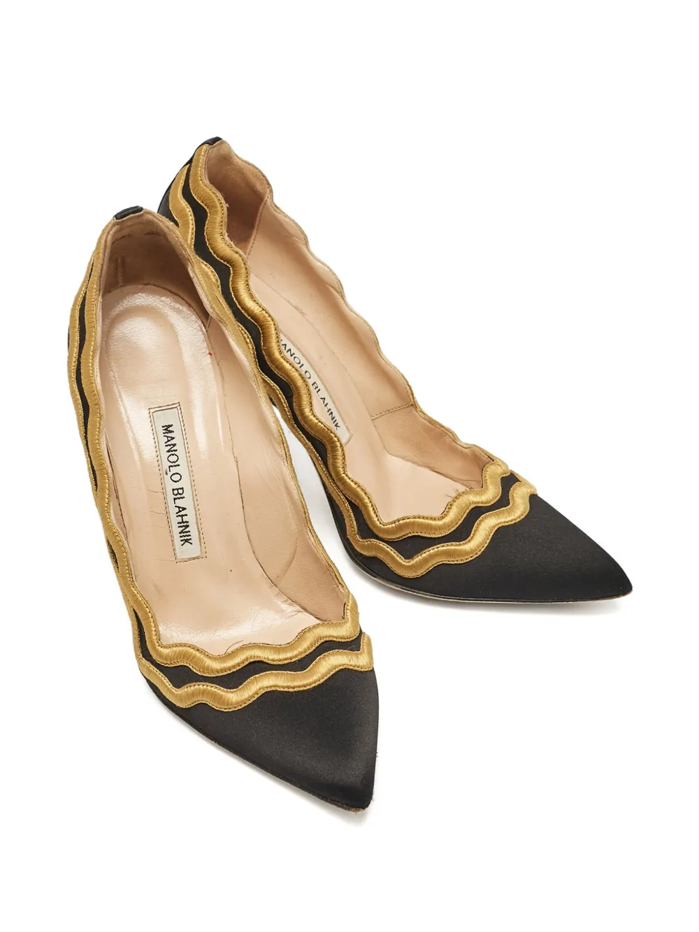 Pre-owned Manolo Blahnik 110mm Satin Wave Embroidered Pumps In Black