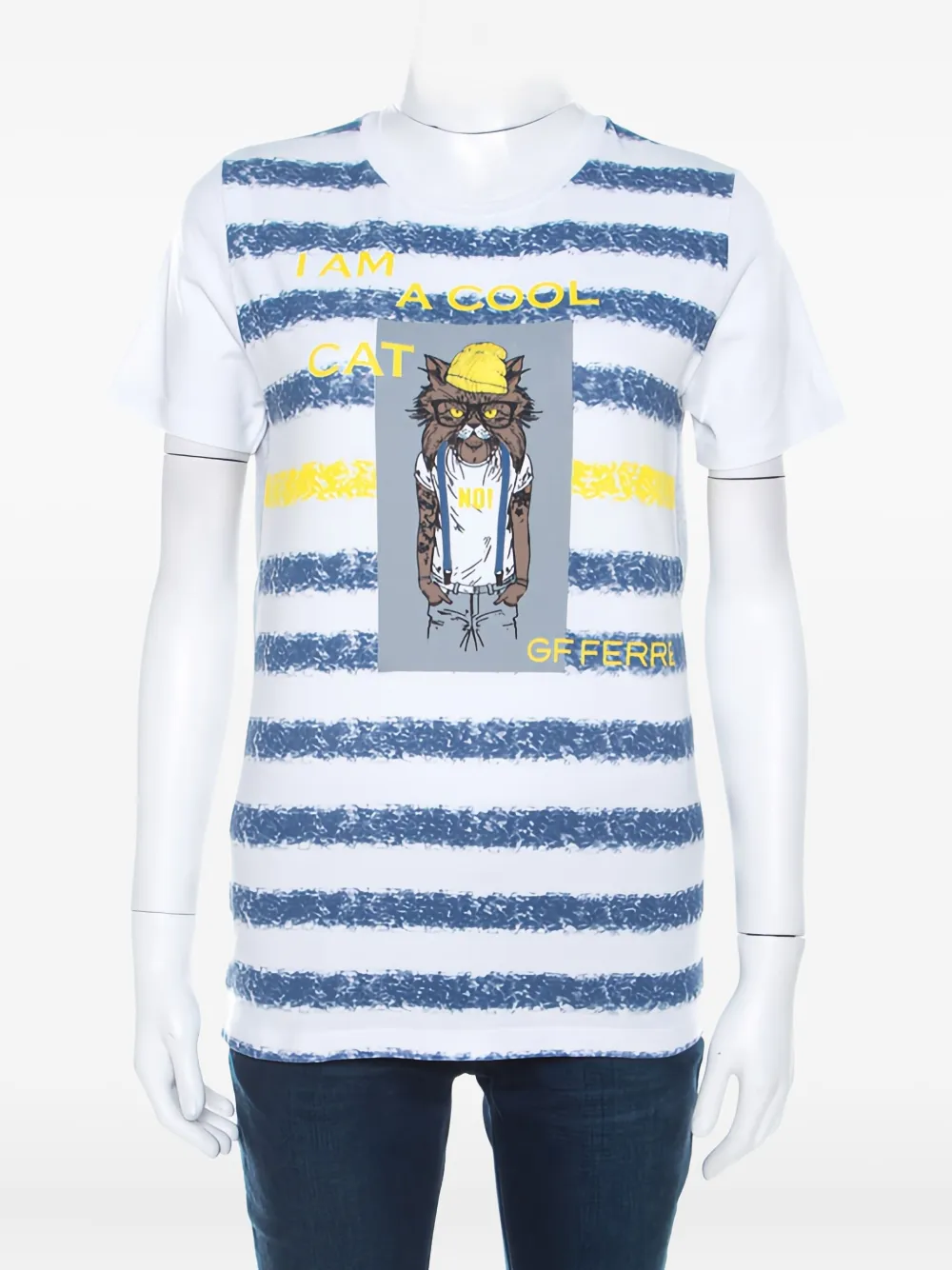 Gianfranco Ferré Pre-Owned striped cat-print T-shirt - White
