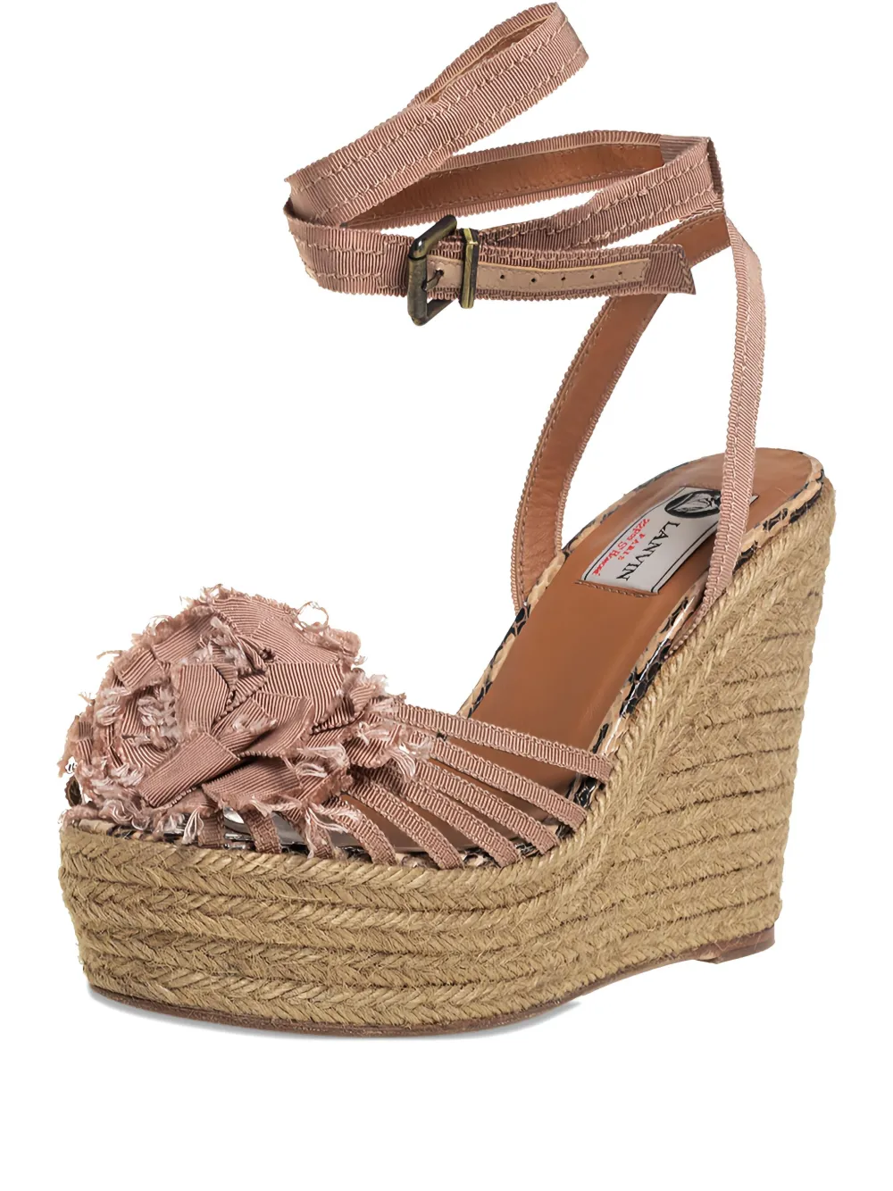 Pre-owned Lanvin 130mm Floral-motif Wedge-heel Espadrilles In Brown