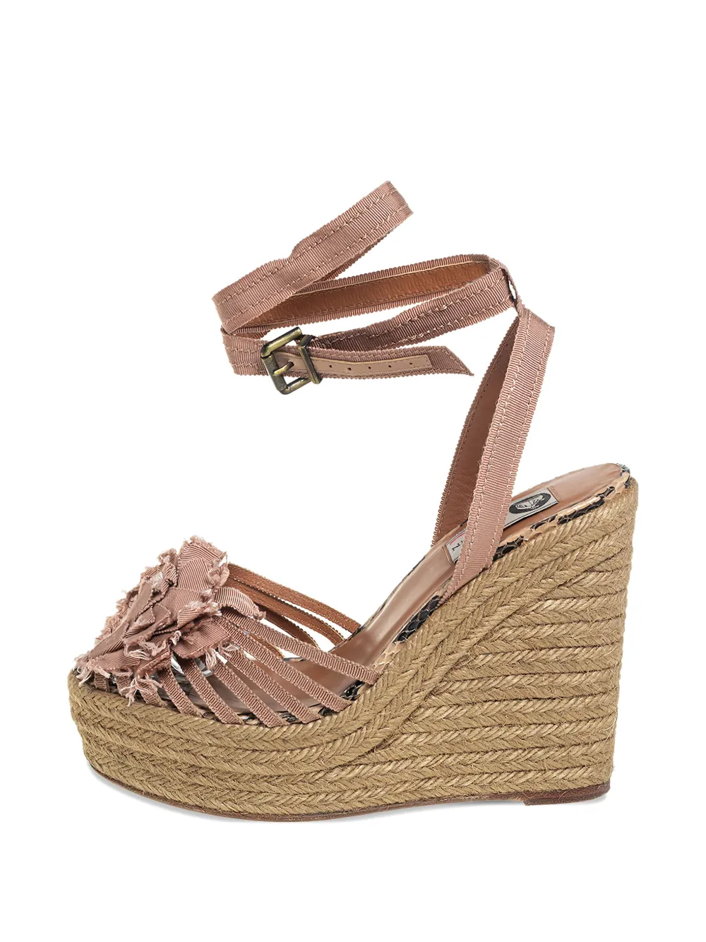 Pre-owned Lanvin 130mm Floral-motif Wedge-heel Espadrilles In Brown