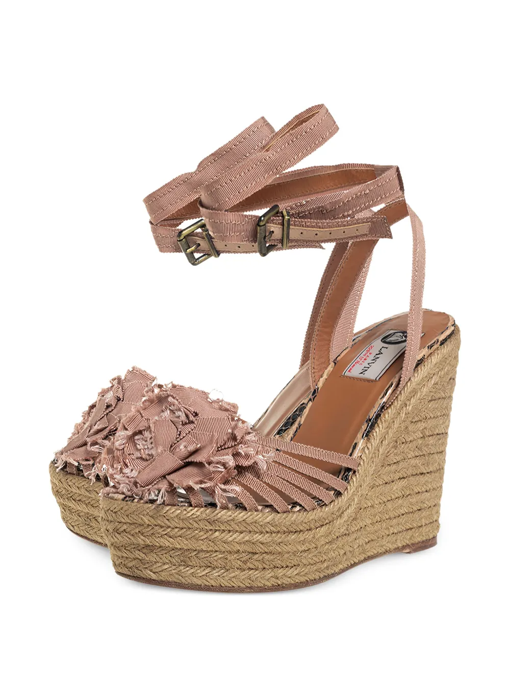 Pre-owned Lanvin 130mm Floral-motif Wedge-heel Espadrilles In Brown