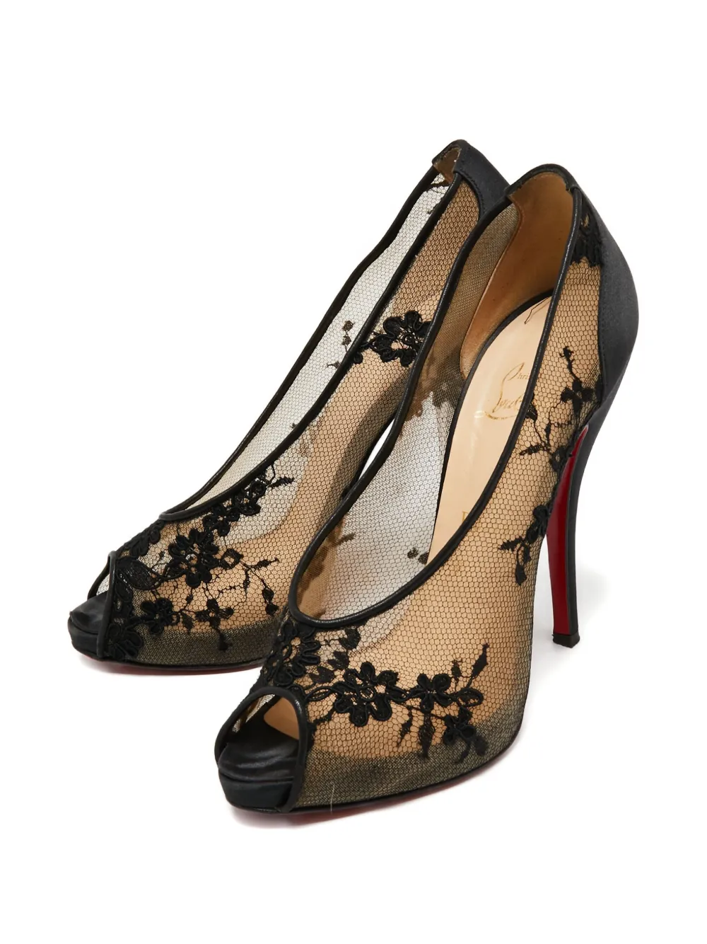 Christian Louboutin Pre-Owned 125 mm Fetilo pumps met open neus en kant - Zwart