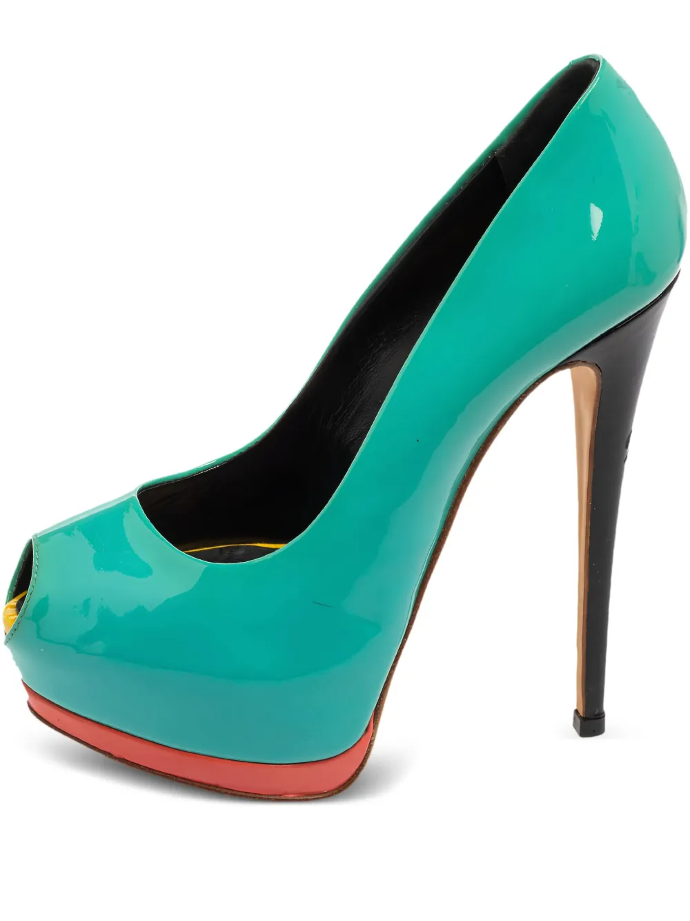 2023 pre-owned patent leather peep-toe pumps