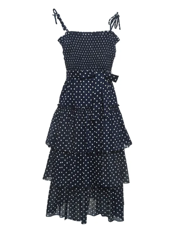 Tory Burch Smocked Polka Dot Tiered Midi Dress, Women's, XS
