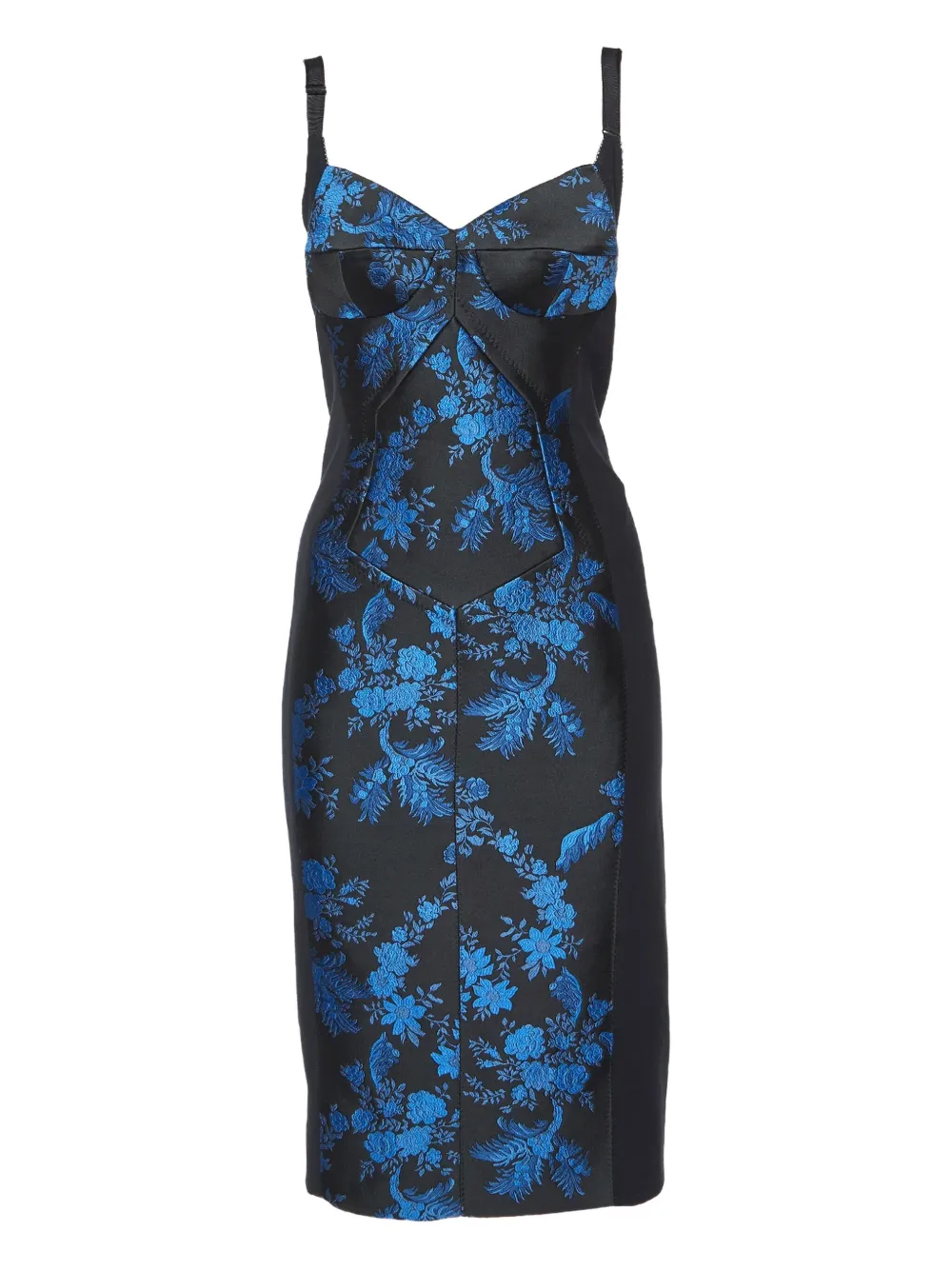 floral-jacquard paneled bustier midi dress