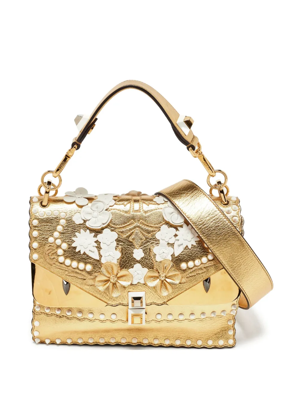 Fendi Pre-Owned Kan I floral-embellished metallic leather shoulder bag | Gold | Image 1