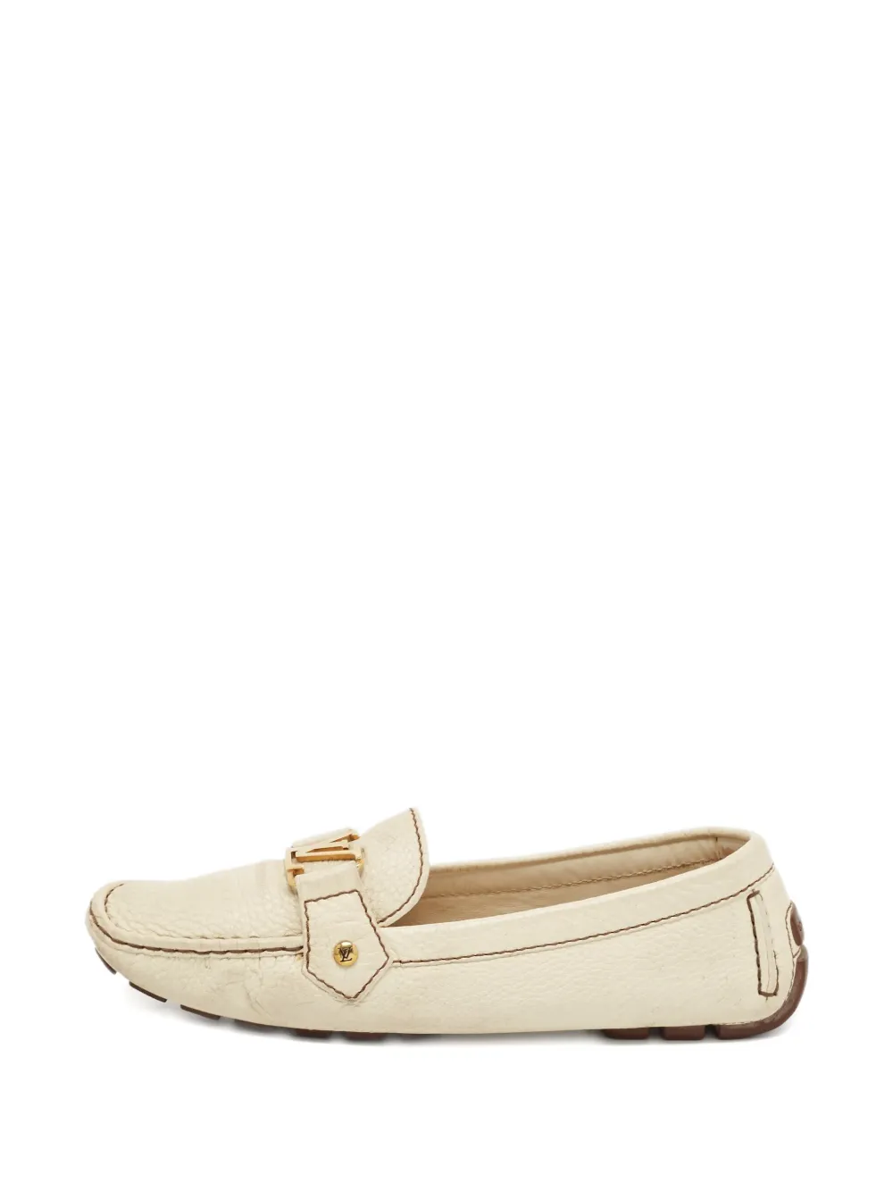 Pre-owned Louis Vuitton Leather Lv Logo Loafers In Neutral