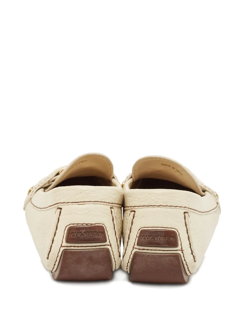 Pre-owned Louis Vuitton Leather Lv Logo Loafers In Neutral