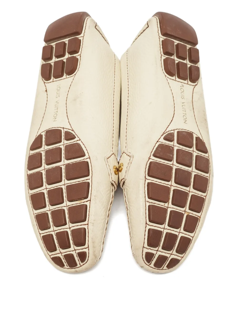 Pre-owned Louis Vuitton Leather Lv Logo Loafers In Neutral