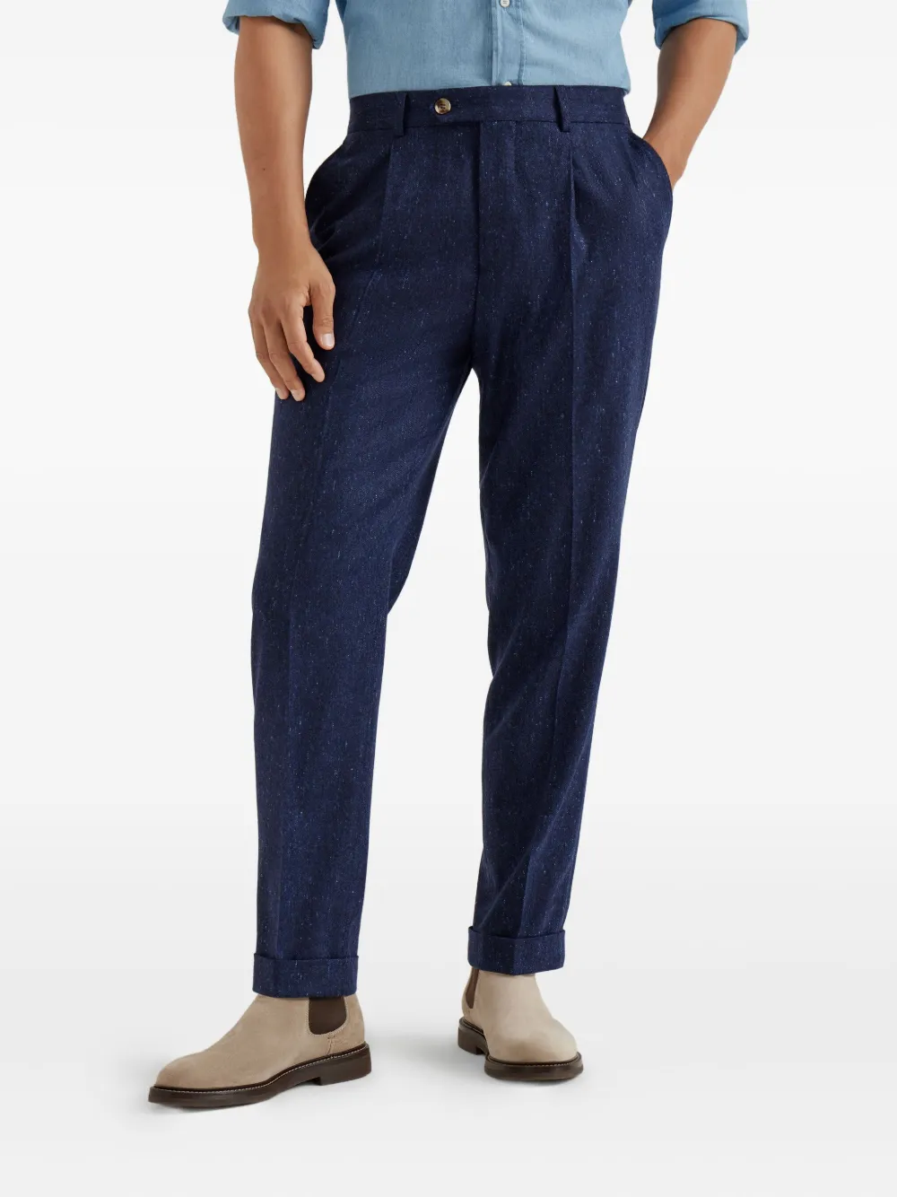 Brunello Cucinelli Broek met geplooide voorkant en gespikkeld patroon Blauw