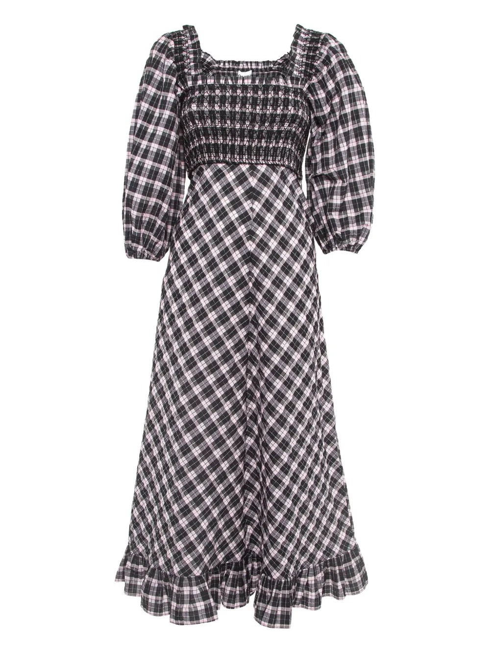 GANNI 2020 pre-owned smocking plaid midi dress | Black | Image 1