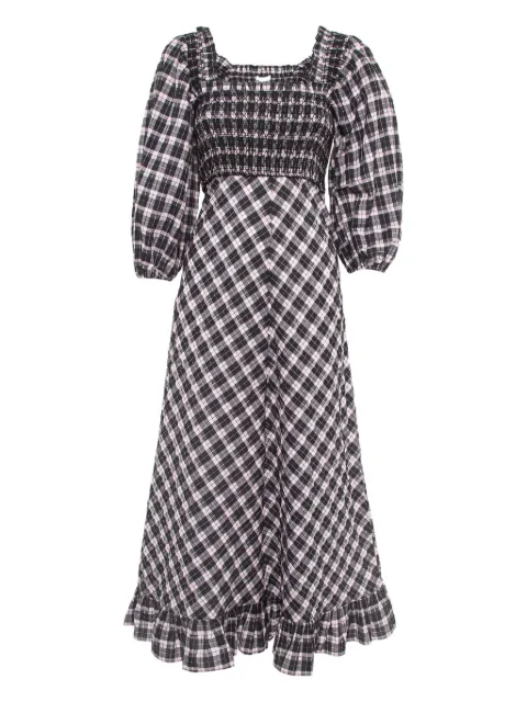 GANNI 2020 pre-owned smocking plaid midi dress