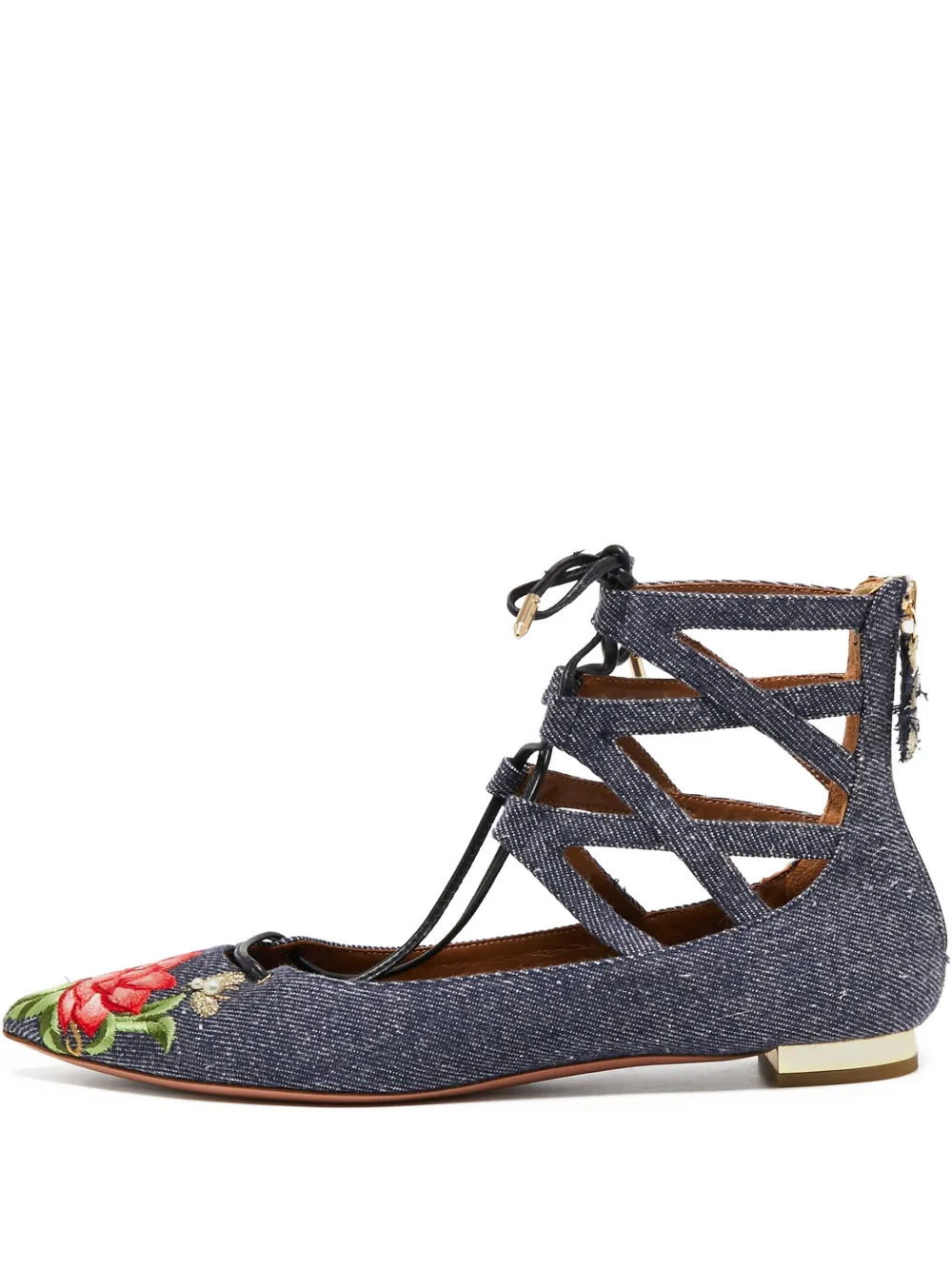 Aquazzura pre-owned embroidered denim flat pumps | Blue | Image 1