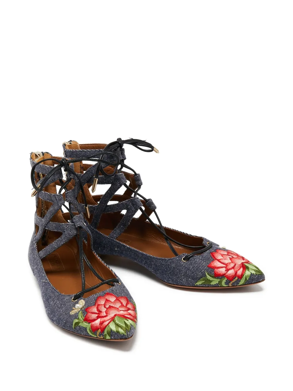Aquazzura pre-owned embroidered denim flat pumps | Image 2