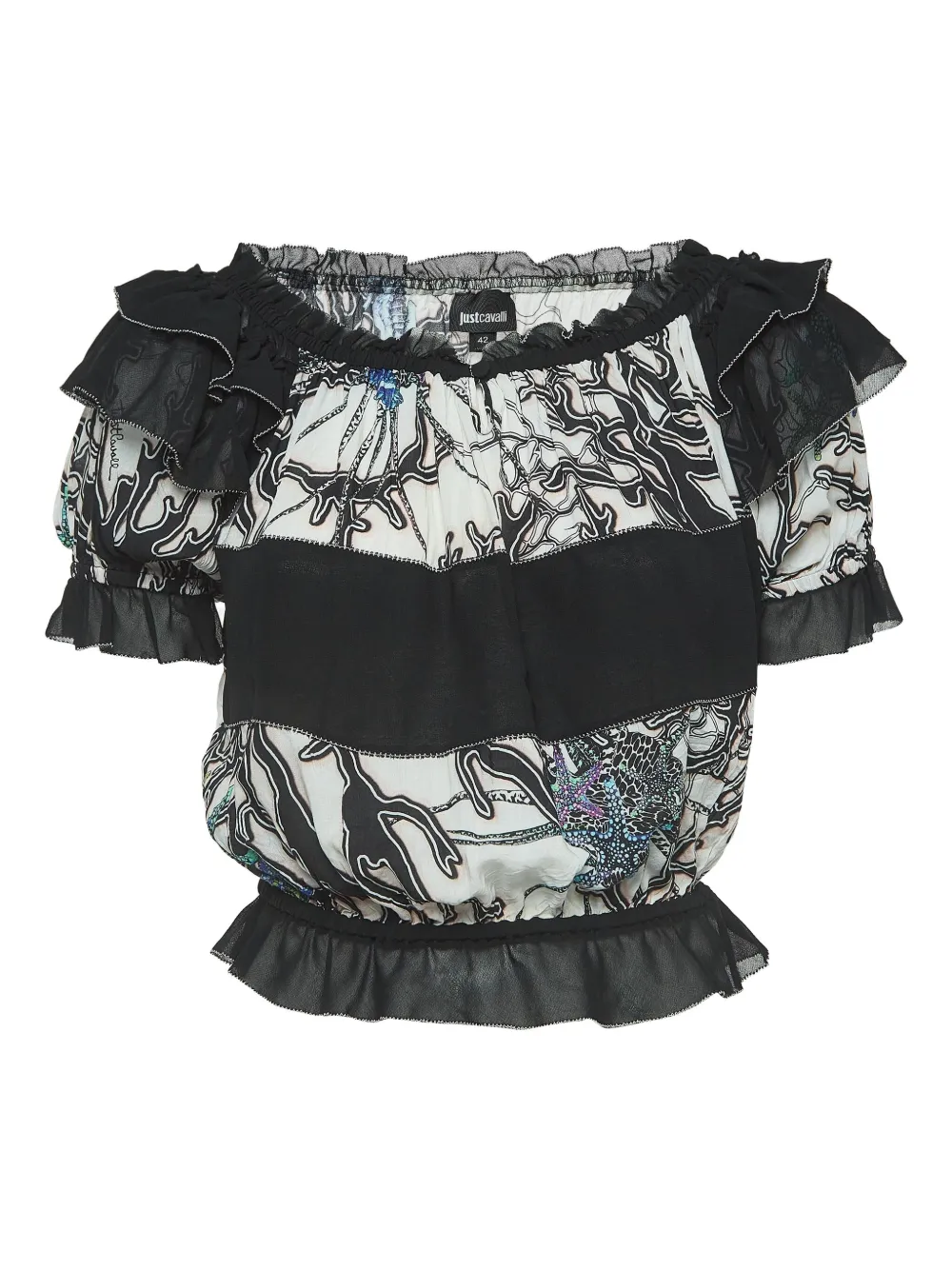 Just Cavalli Vintage プレオウンド ラッフル オフショルダーブラウス - ホワイト Just Cavalli Vintage プレオウンド ラッフル オフショルダーブラウス - ホワイト