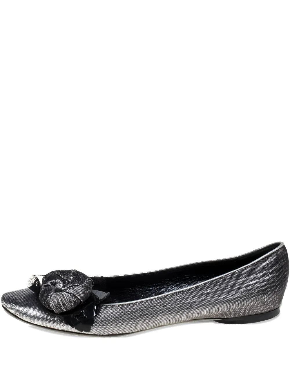 leather lamé-fabric rose-appliqué ballet flats