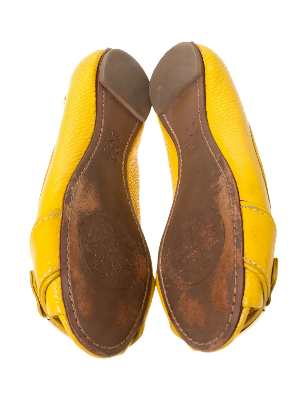Pre-owned Tory Burch Leather Buckle Flats In Yellow
