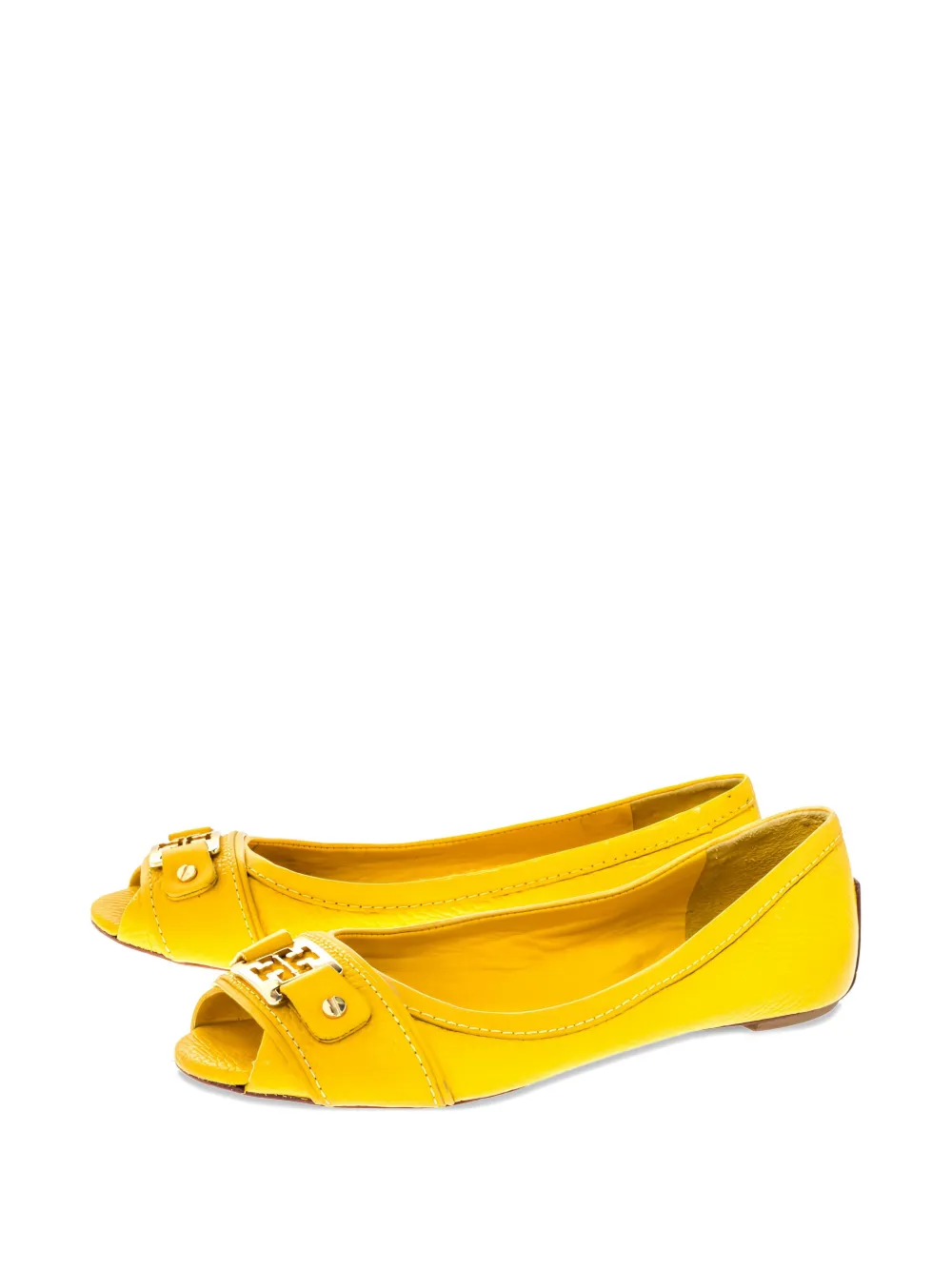 Pre-owned Tory Burch Leather Buckle Flats In Yellow