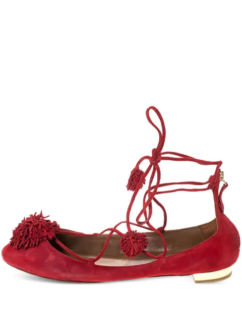 Aquazzura pre-owned Sunshine pompom ankle-tie ballet flats