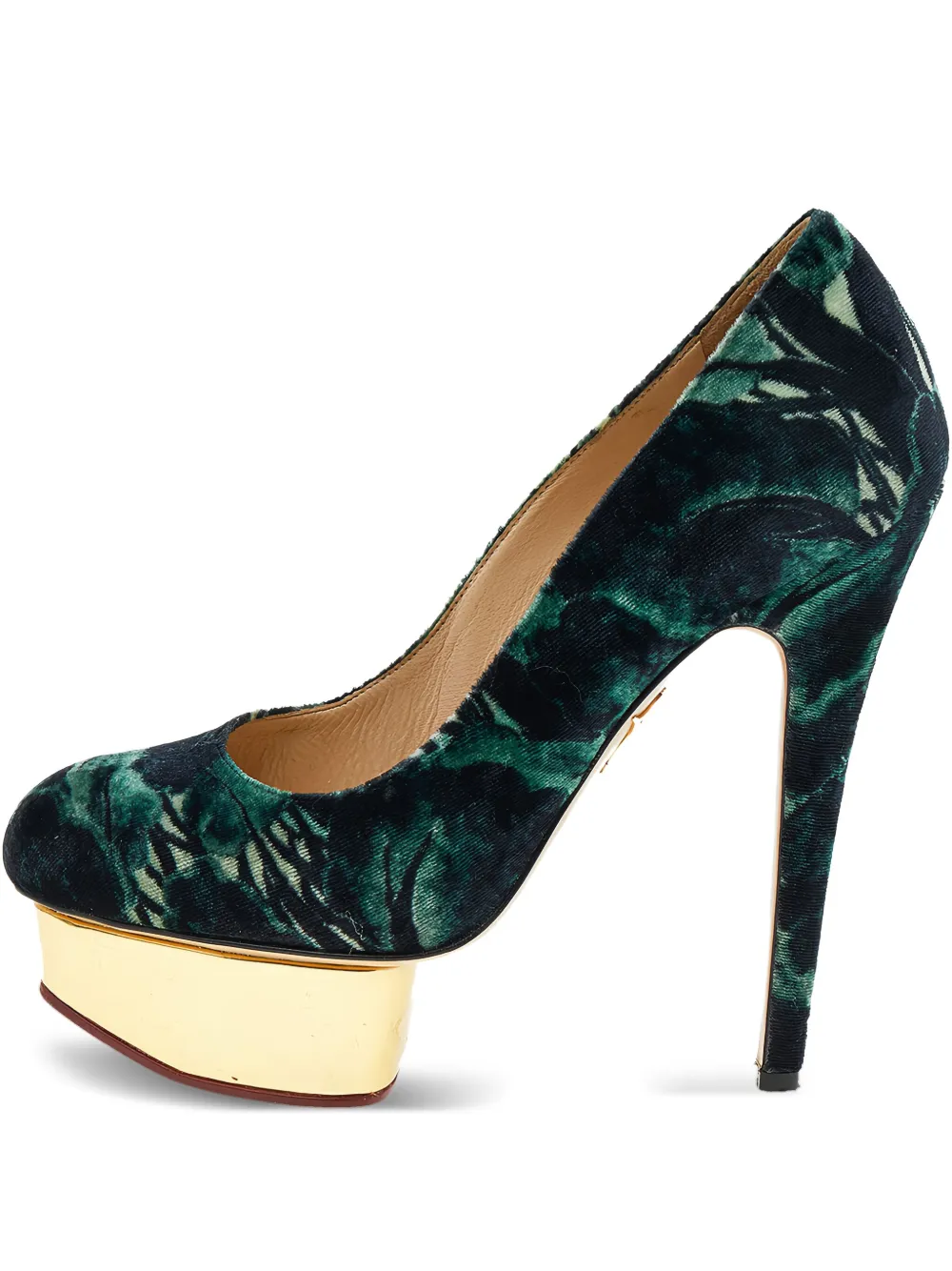Charlotte Olympia 140mm Dolly plush floral-print platform pumps | Green | Image 1