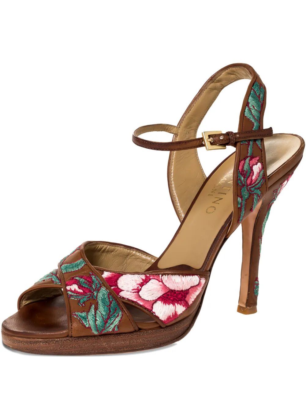 Valentino Garavani Pre-Owned 115 mm leren sandalen met geborduurde bloemen - Bruin