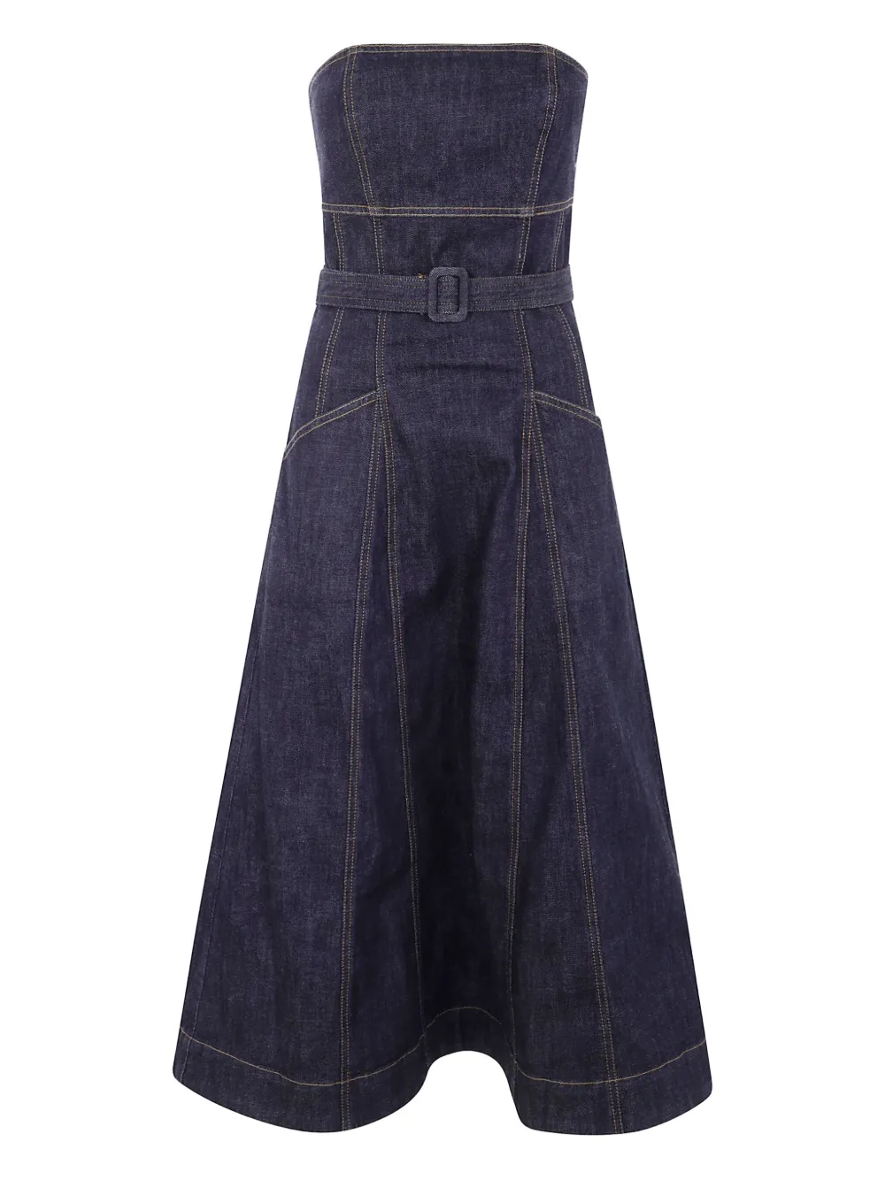 Self-Portrait Strapless denim midi-jurk met ceintuur Blauw