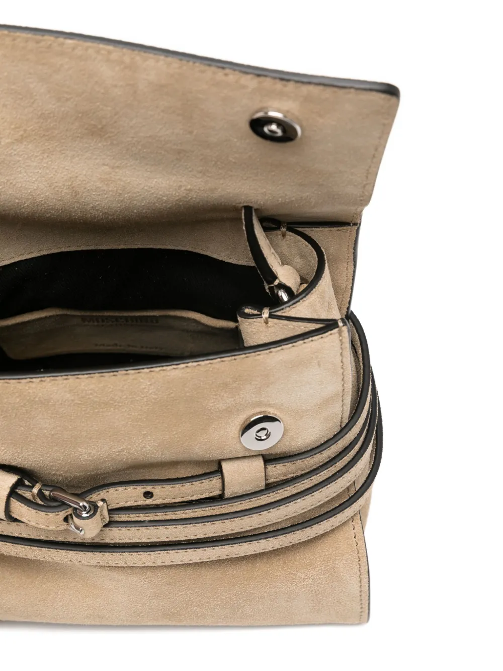 Moschino Tie Me kleine suède shopper met omslag Beige