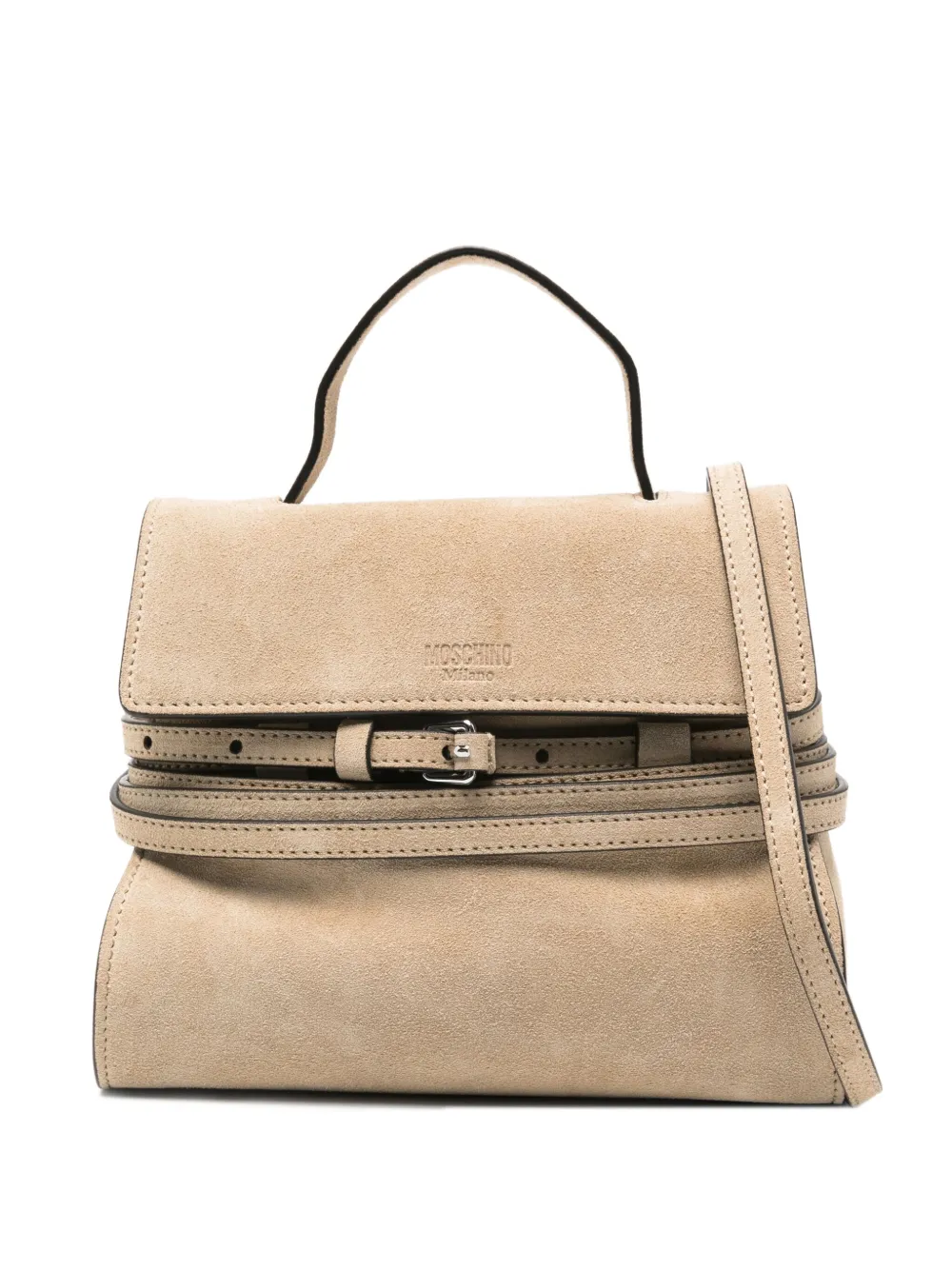 Moschino Tie Me kleine suède shopper met omslag Beige